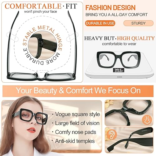 Miniatura 9 de MARE AZZURO Gafas de lectura para mujer, de gran tamaño, cuadradas, para lectores 1.0, 1.25, 1.5, 1.75, 2.0, 2.25, 2.5, 2.75, 3.0, 3.5, 4.0, 5.0, 6.0