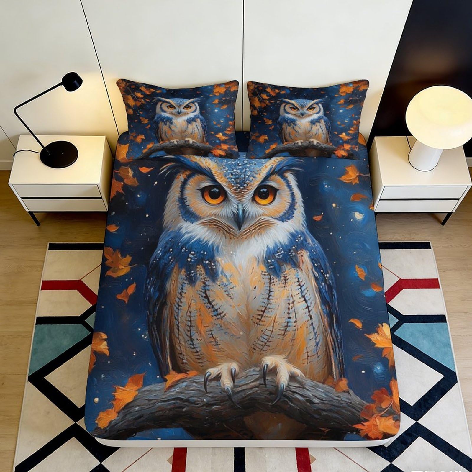3D Printed Majestic Owl Fitted Sheet Microfiber Autumn Leaves Bed Cover for Bedroom Guest Room Mattress Decor 90x200x25cm