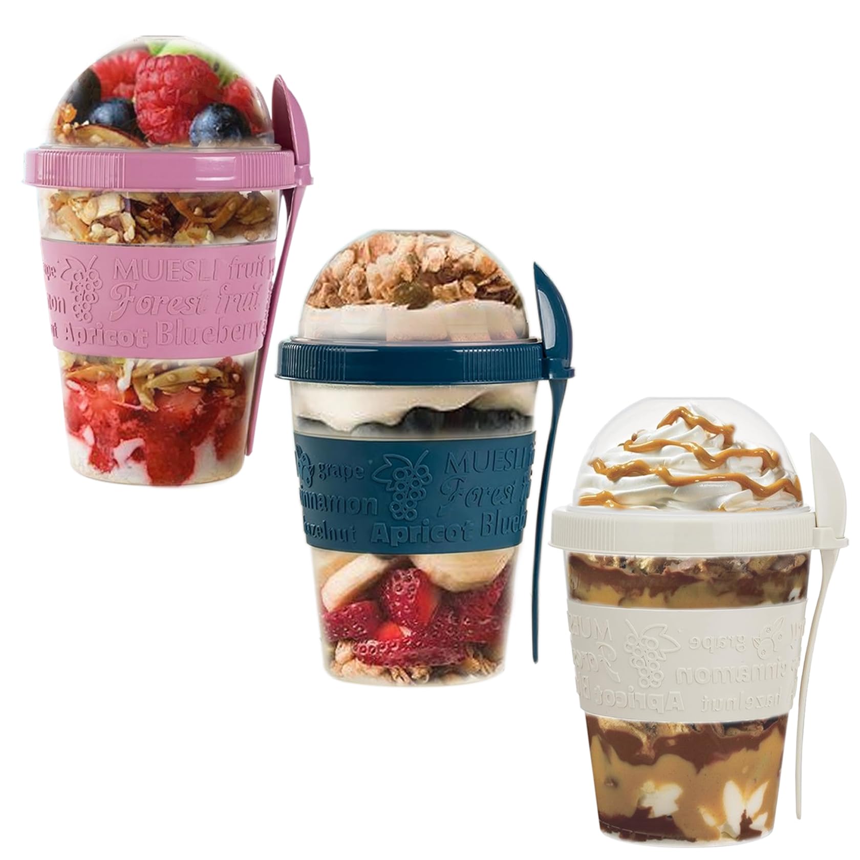 Suprano Reusable Yogurt Cups with Lid & Spoon 100% BPA Free Breakfast On the Go Cups with Topping Cereal 600ml Over Night Oats Container Smoothie Snack Jars (Pink, White, Blue Teal)