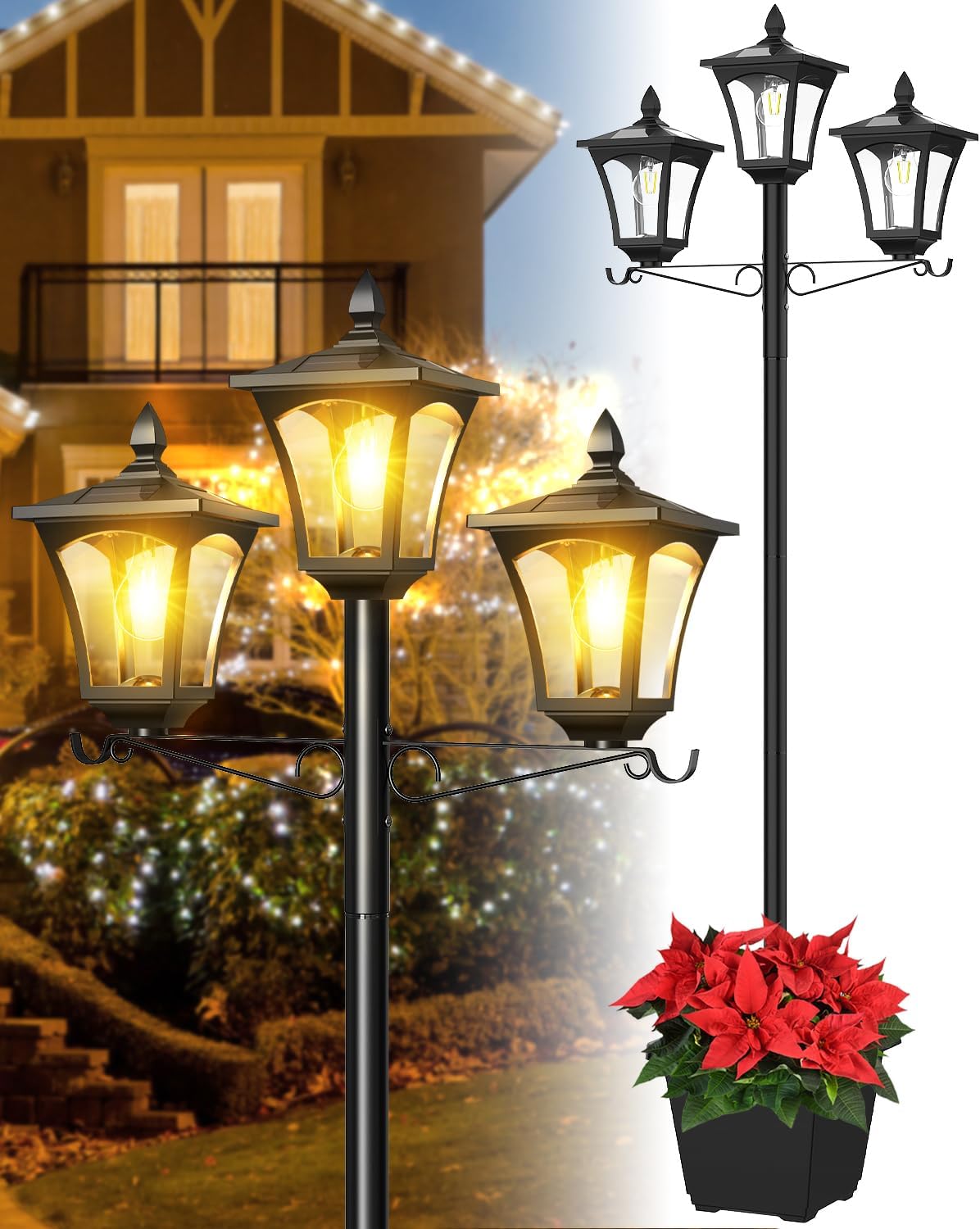 3-Head Solar Lamp Post Light, 77" Metal Outdoor Lamp Post, 200 Lumens Waterproof Solar Outdoor Lights for Garden Driveway Backyard Porch Lawn