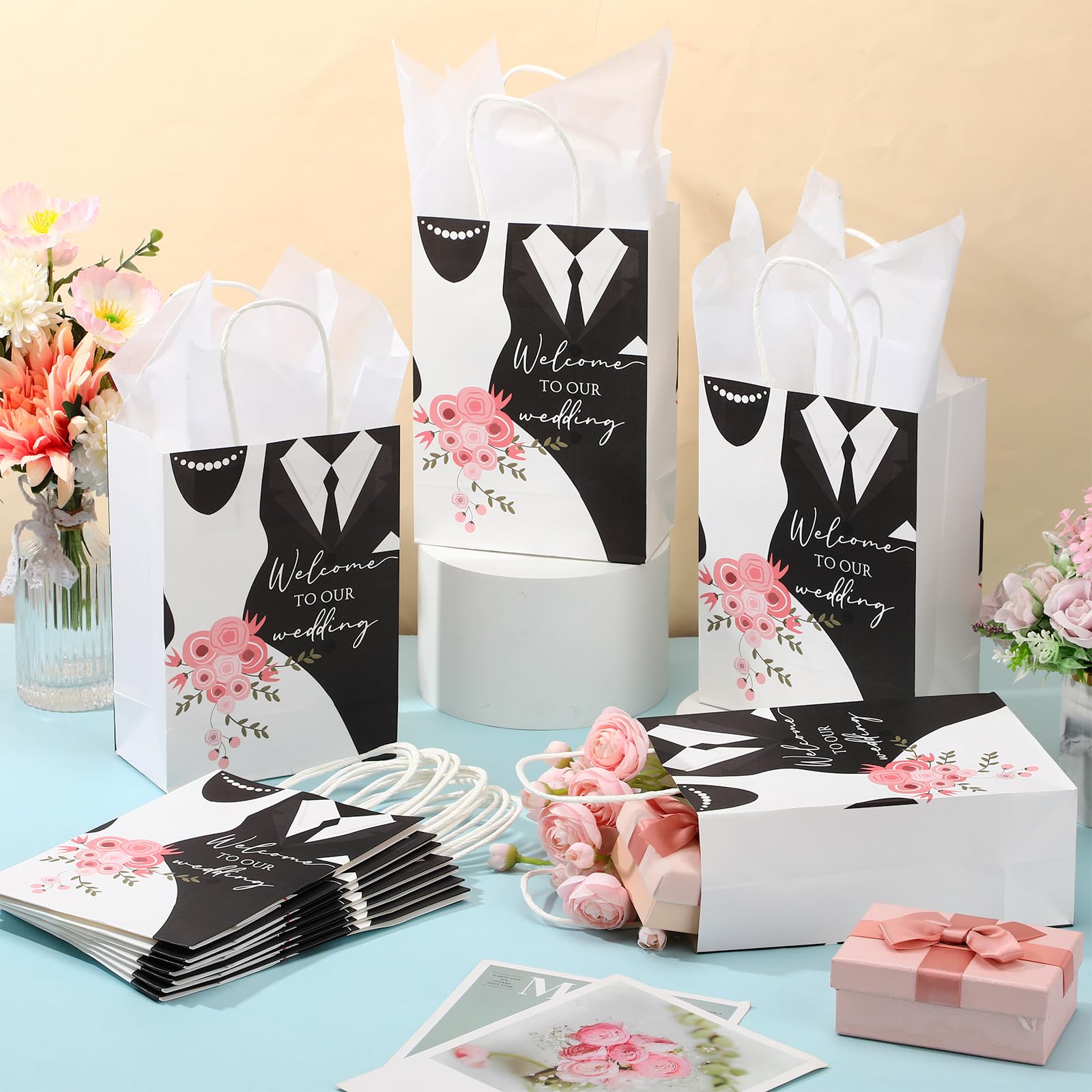 Sinload 50 Sets Wedding Welcome Bags with 50 Sheets Tissue Paper Mr. and Mrs. Welcome to Our Wedding Favor Bags Paper Bags with Handles Wedding Party Gift Bags Welcome Wedding Bags for Hotel Guests