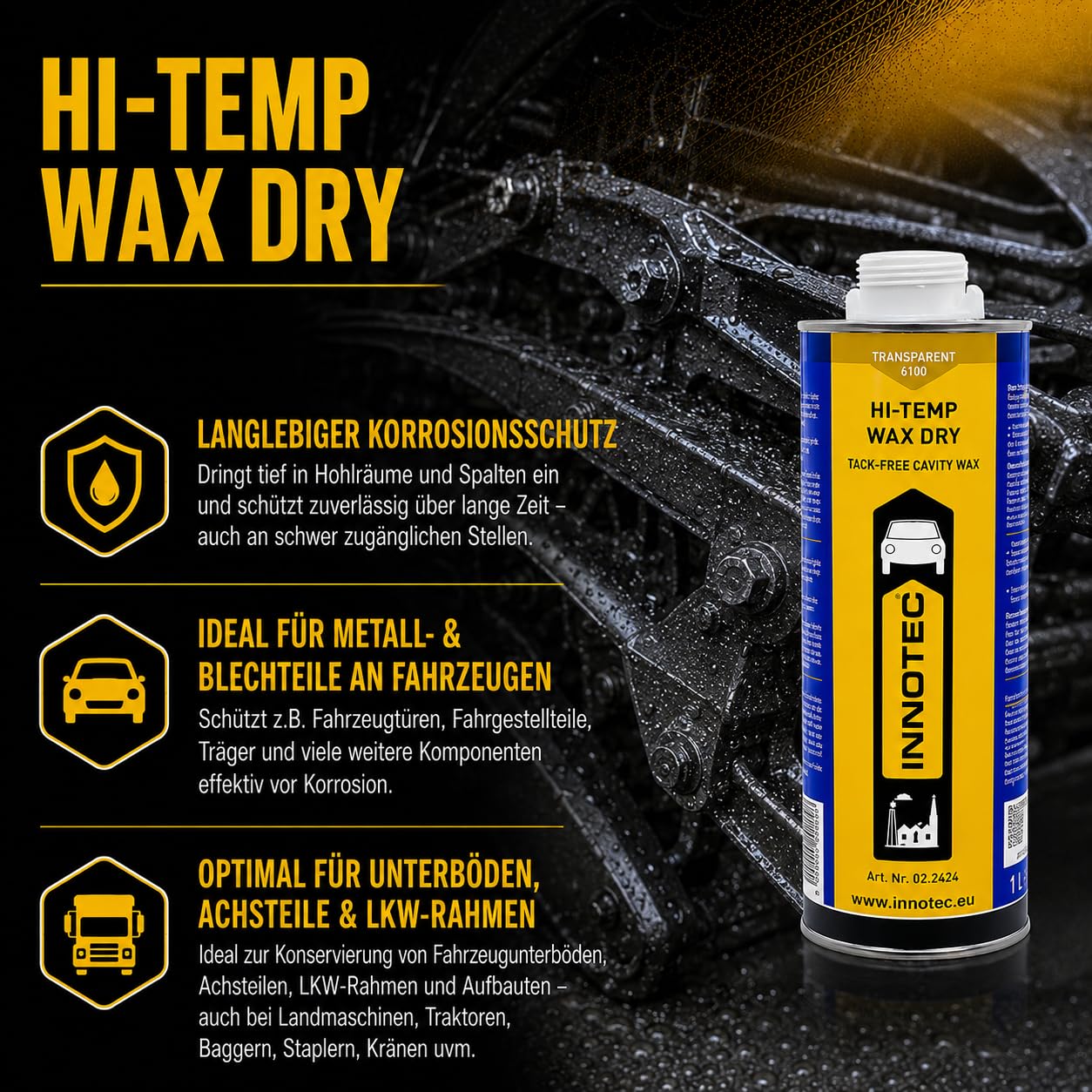 2 Stück Innotec Hi-Temp Wax Dry Transparent - Next Level Konservierung für Automotive & Industrie - Idealer Unterbodenschutz und Hohlraumkonservierung - Rostschutzmittel für Fahrzeuge - 1 Liter Dose