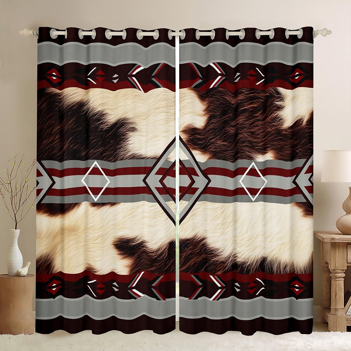 Loussiesd Cowhide Curtains for Bedroom Living Room Western Farm Animal Skin Blackout Darkening Drapes Cow Fur Print Window Treatments, 2 Panels W52*L90 Farmhouse Room Decor Beige Grey Red โ image 1