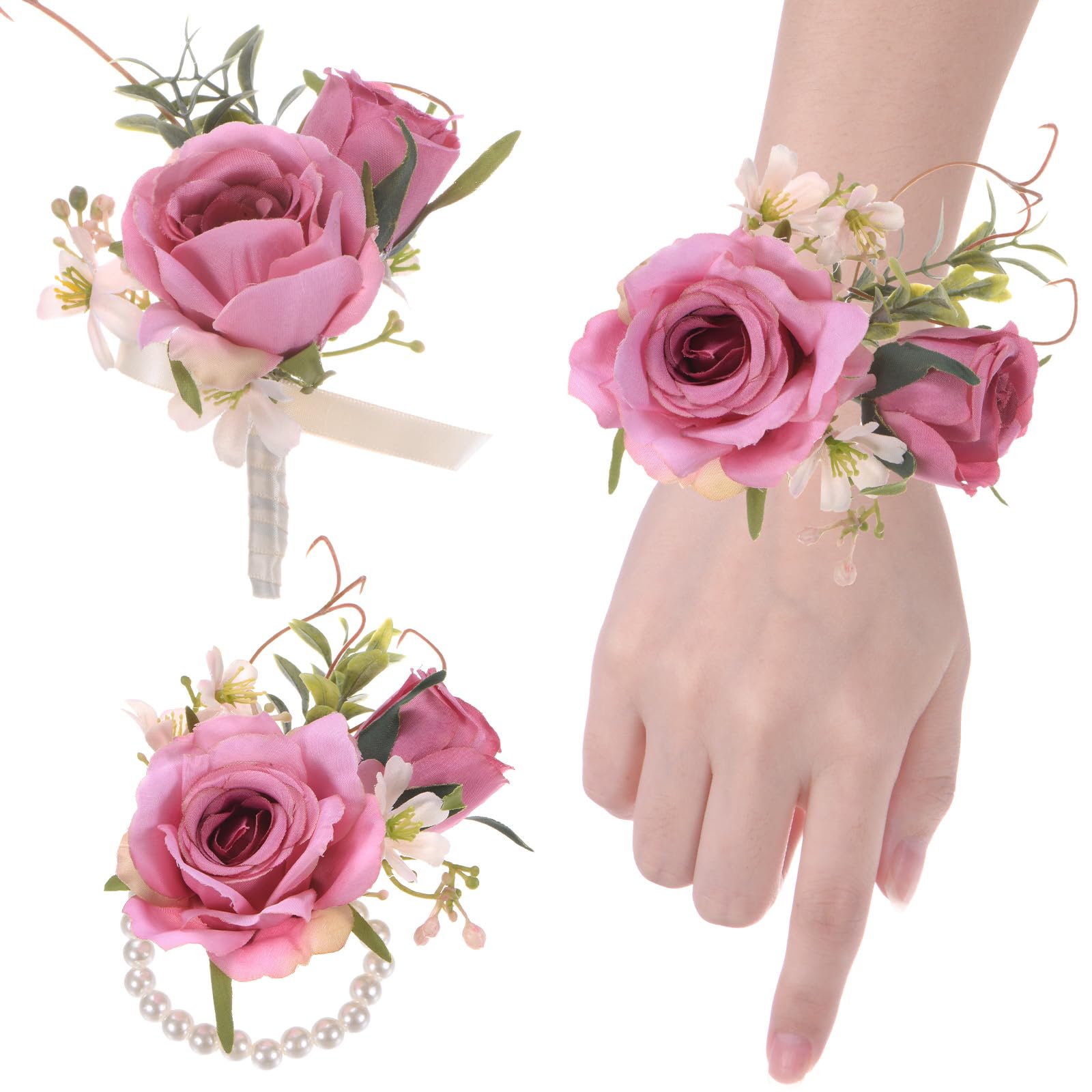M METERXITY 1-Set Wrist Corsage and Boutonnieres Set, Artificial Flower Wrist Corsage Bracelets and Men Corsage for Wedding/Party/Prom/Decorations, Flower Wrist Corsage Set [Dark Pink]