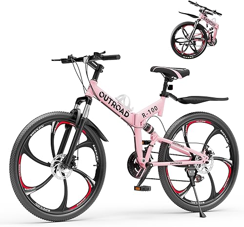 Miniatura 12 de Betterland Bicicleta de montaña de 26 pulgadas, bicicletas plegables de suspensión completa de 21 velocidades, freno de disco dual, marco de acero