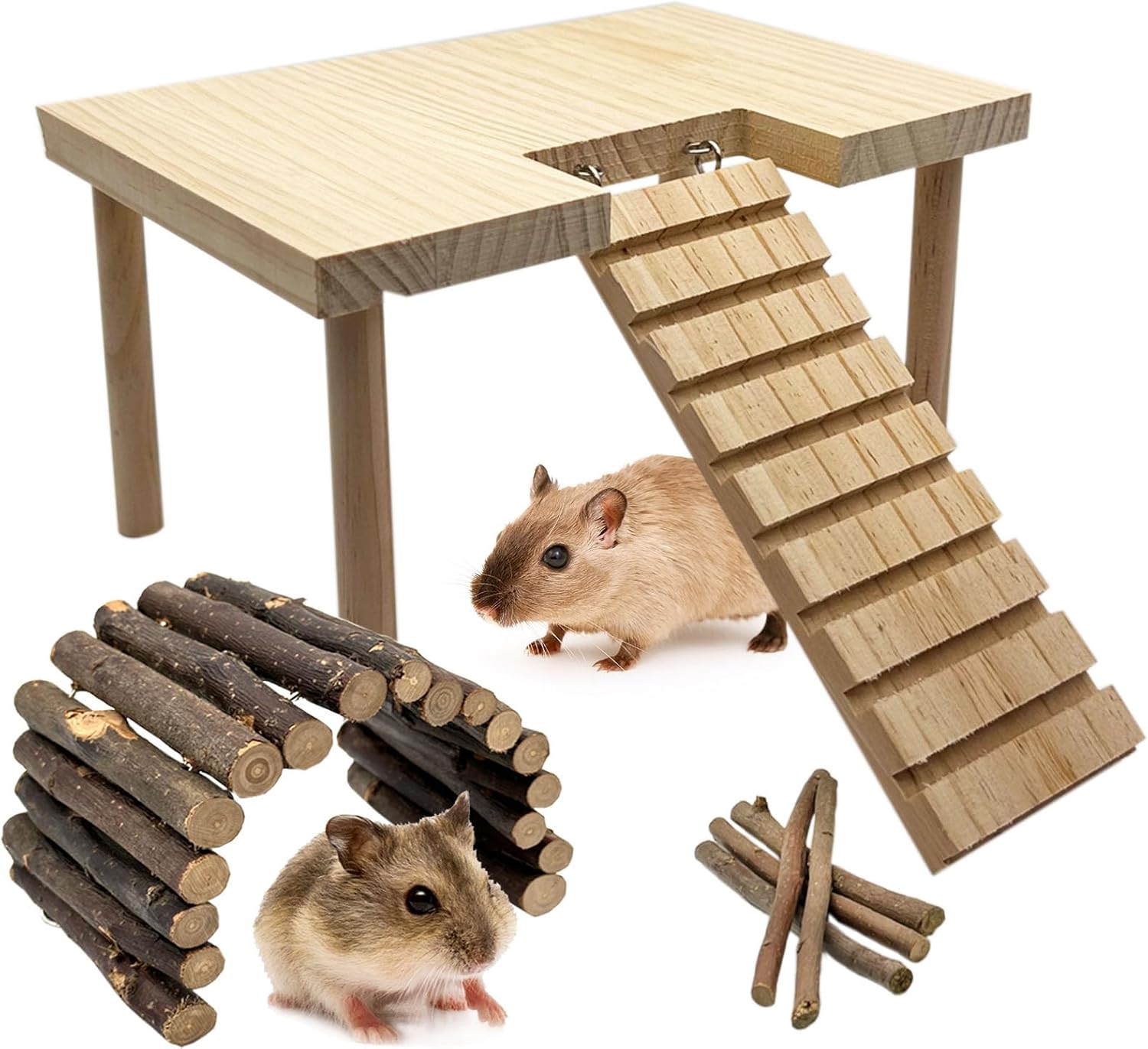 3-Tier Extra Large Wooden Hamster Playground Hamster Climbing Toys Gerbil Platform Small Animals Exercise Activity Set with Ladder for Dwarf Hamsters Mouse Gerbils Rats