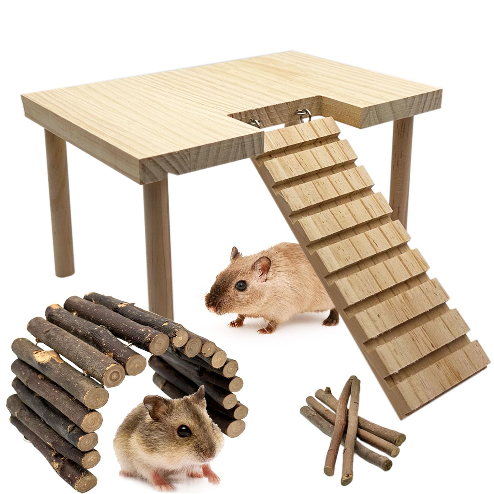 Niwaes Hamster Platform with Ladder Wooden Syrian Hamsters Standing Platforms with Legs Set Wood Gerbils Climbing Bridge Toy Mouse Cage Accessories