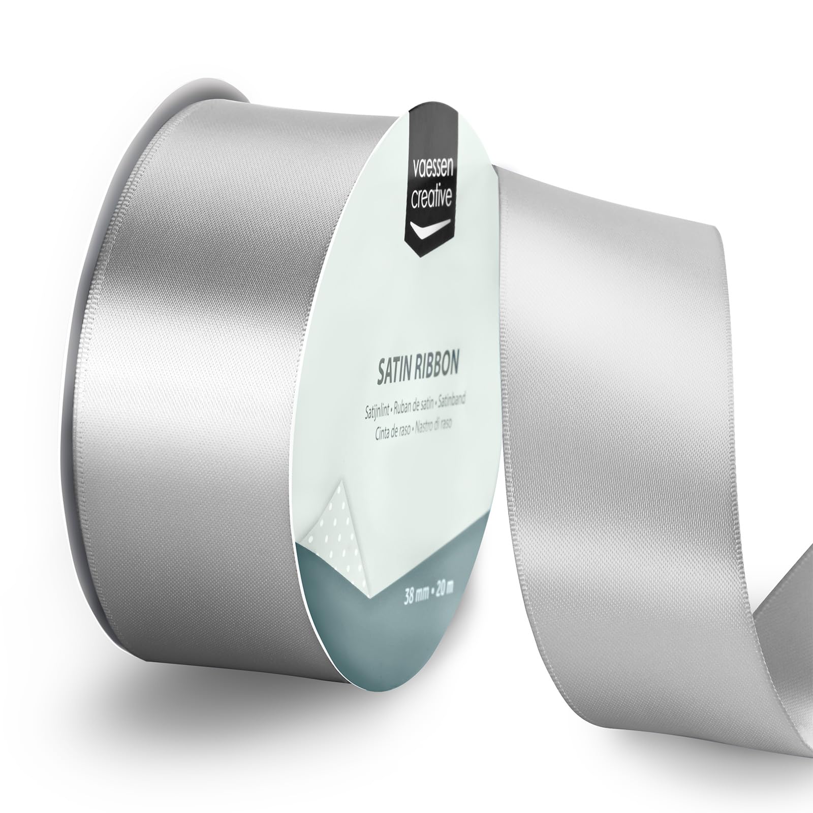 Vaessen Creative Satin Ribbon Silver - 65.6 ft x 1.5" - Thin Ribbon for Gift Wrapping and Crafting