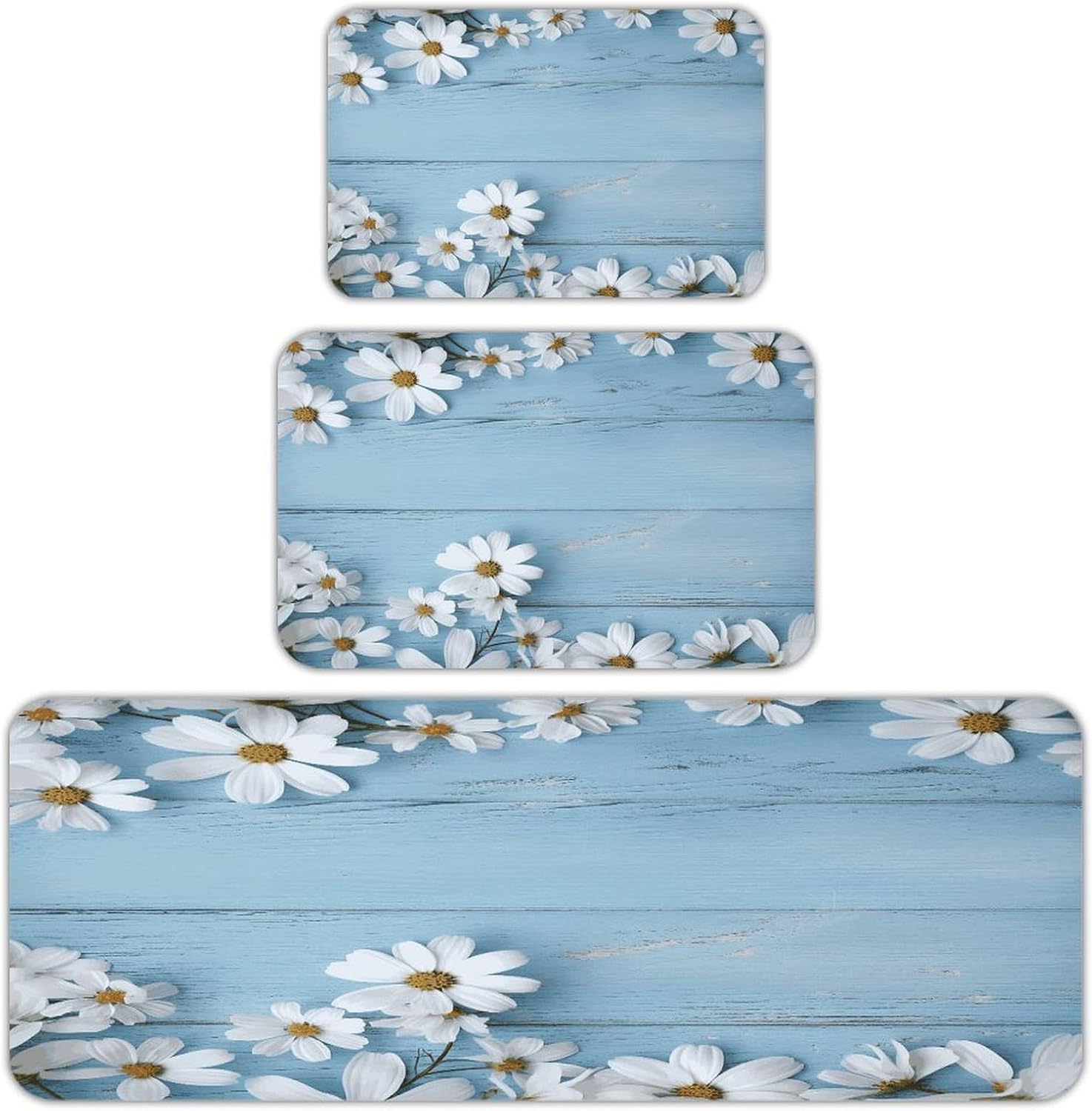 White Flowers Light Blue Wood Kitchen Rugs Set of 3 Non Slip Washable Kitchen Mats for Floor Soft Area Rug Kitchen Floor Mat Cushioned Anti Fatigue Mats Standing Sink Mat Decor Runner Rugs