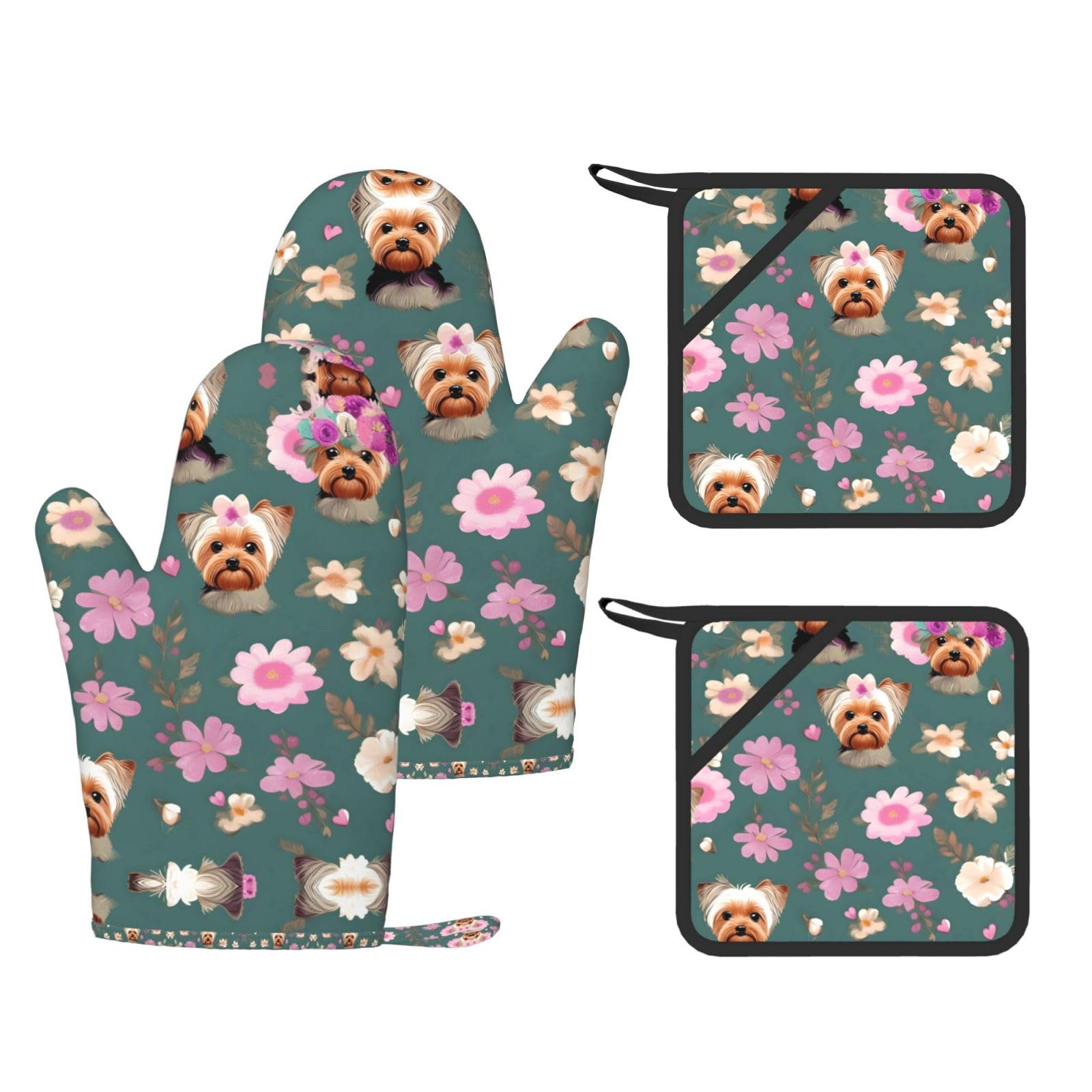 Gants de cuisine en silicone anti-chaleur Yorkie : manique florale pour four et cuisson