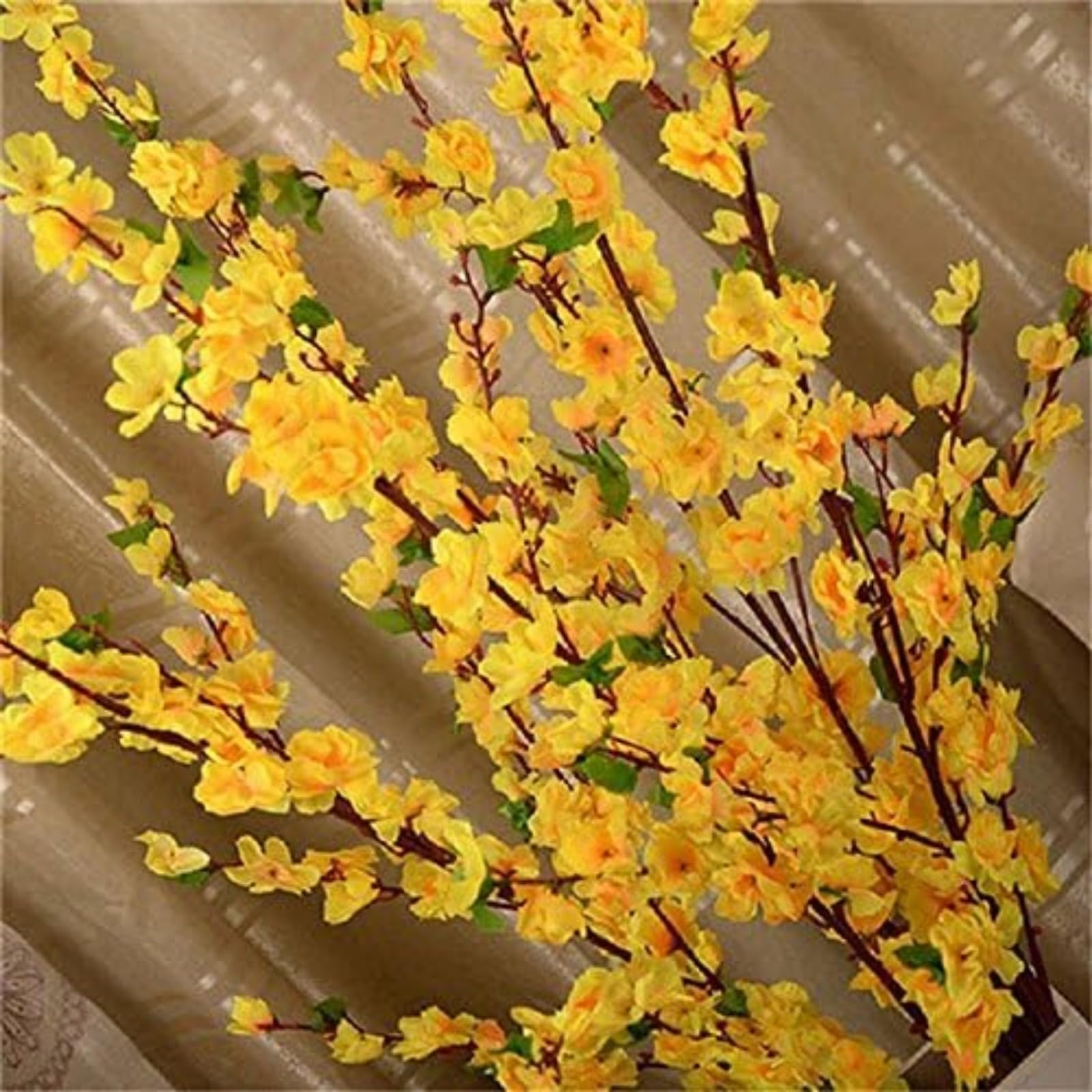 Photo 1 of 10PCS Artificial Cherry Blossom Flower Branches, 25.6 Inch Silk Spring Peach Blossom Bouquet Fake Flower Stems Arrangement for Wedding Home Decoration (Yellow)