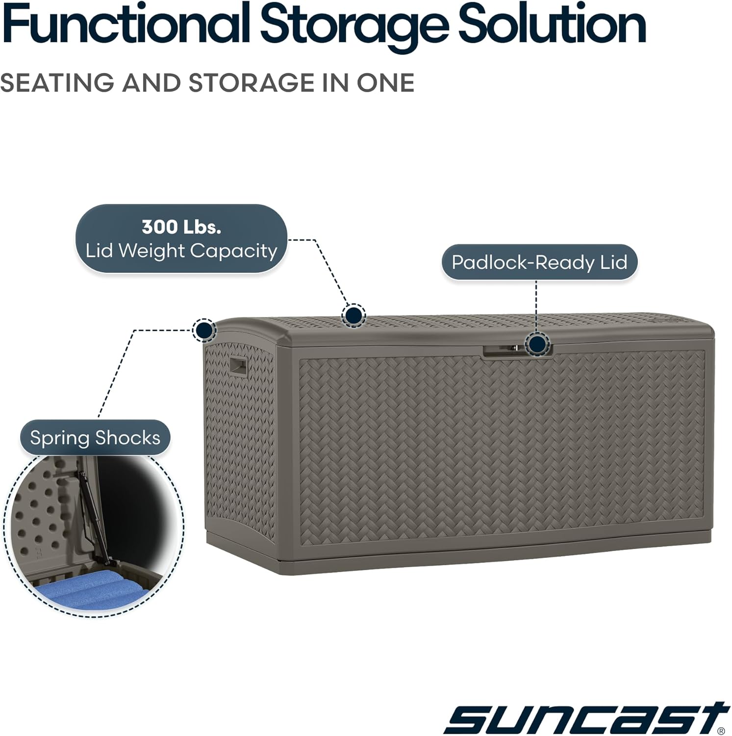 Suncast Extra Large Deck Box - 124 Gallon Resin Outdoor Storage Box with Lockable Lid for Outdoor Cushion Storage, & Garden Gear, Stoney Grey Wicker Bin for Patio, Porch, Pool, & Yard
