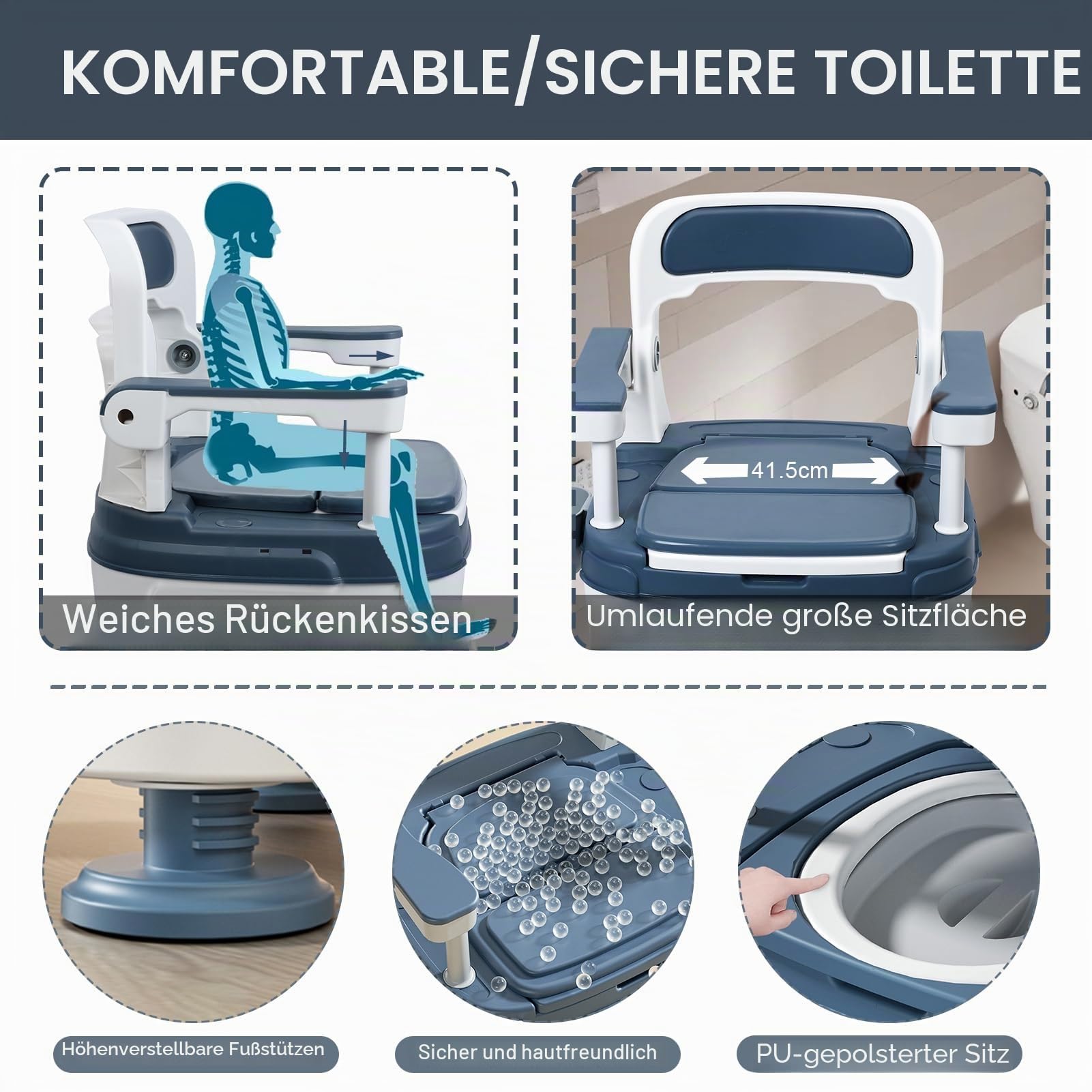 Nachtkommode, tragbare Toilette, Toilettenstuhl mit Griffen, höhenverstellbar, mobile tragbare Toilette, Erwachsenen-Töpfchenstuhl, Belastung 400 kg, für Senioren, Behinderungen, ältere