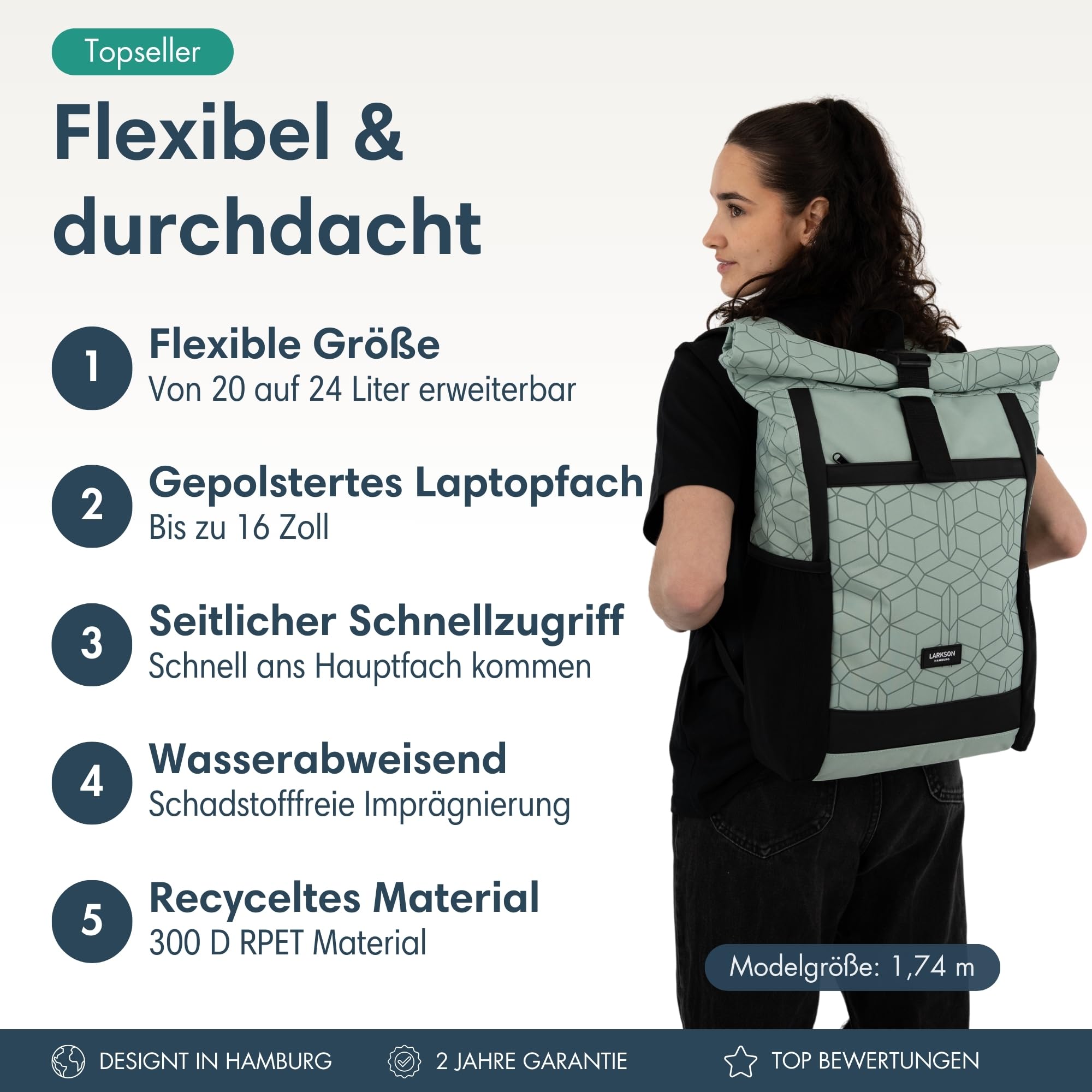 LARKSON Rolltop Rucksack Damen Groß Mint - No 2 - Daypack für Schule, Uni, Fahrrad - 16 Zoll Laptop Fach für Arbeit - Nachhaltig - Anti-Diebstahl - Wasserabweisend