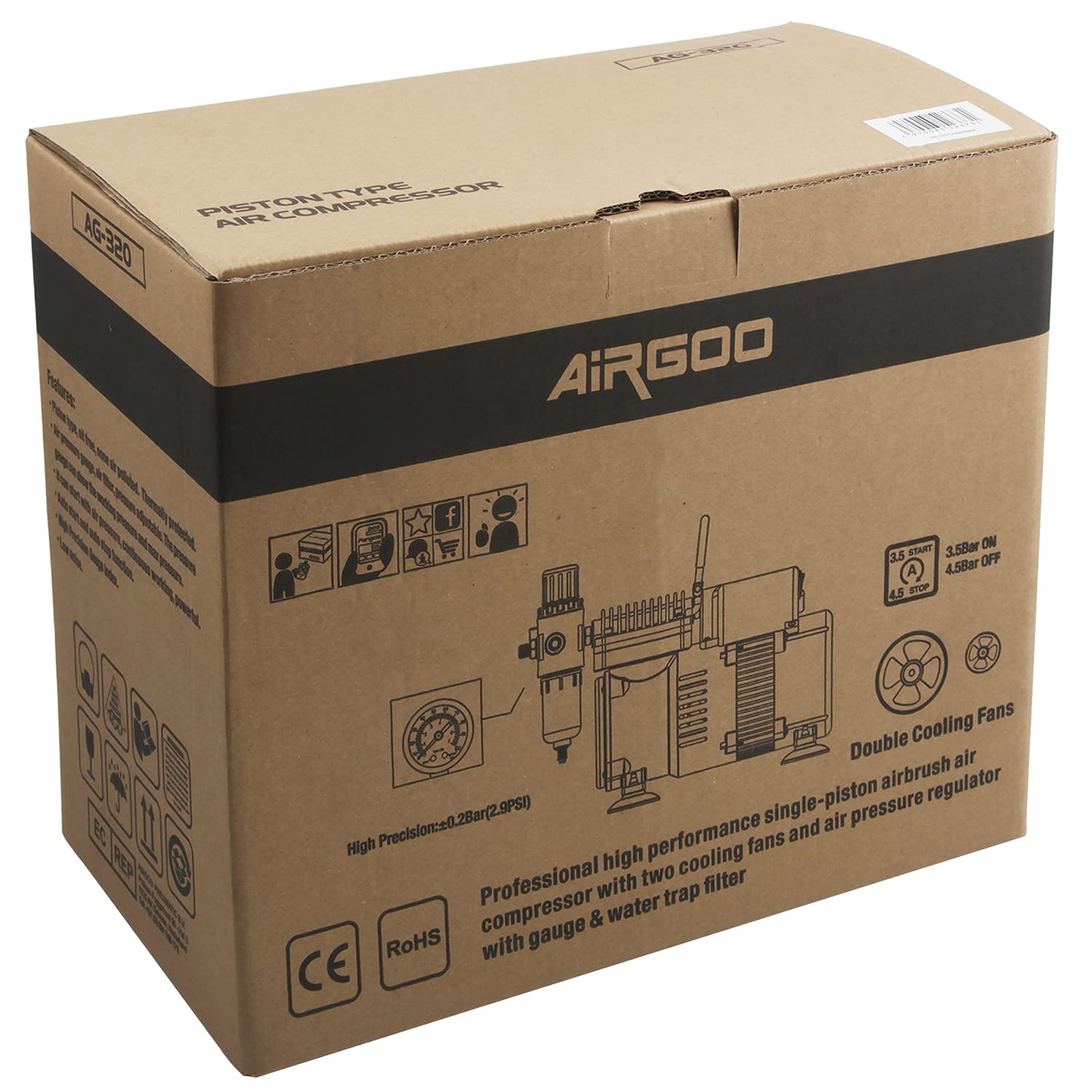 Compresor de aerógrafo de lujo Airgoo AG-320 con dos ventiladores, regulador, trampa de humedad para aficiones, decoración de alimentos, tatuajes, gráficos, etc.