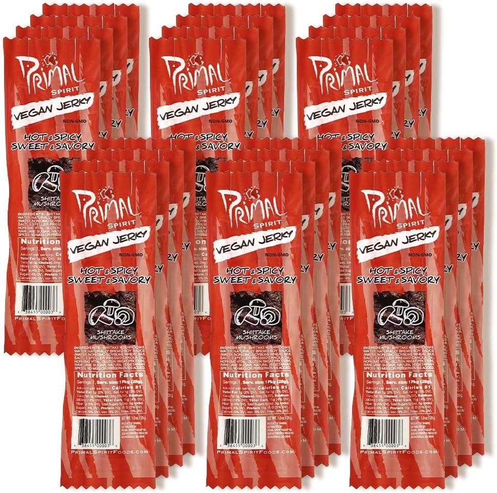 Primal Spirit, Vegan Meatless Jerky Strips - High Energy, High Protein, Non-GMO, 93% Fat-Free Snacks, Vegan Jerky - 28g, Pack of 24 Hot & Spicy Flavour