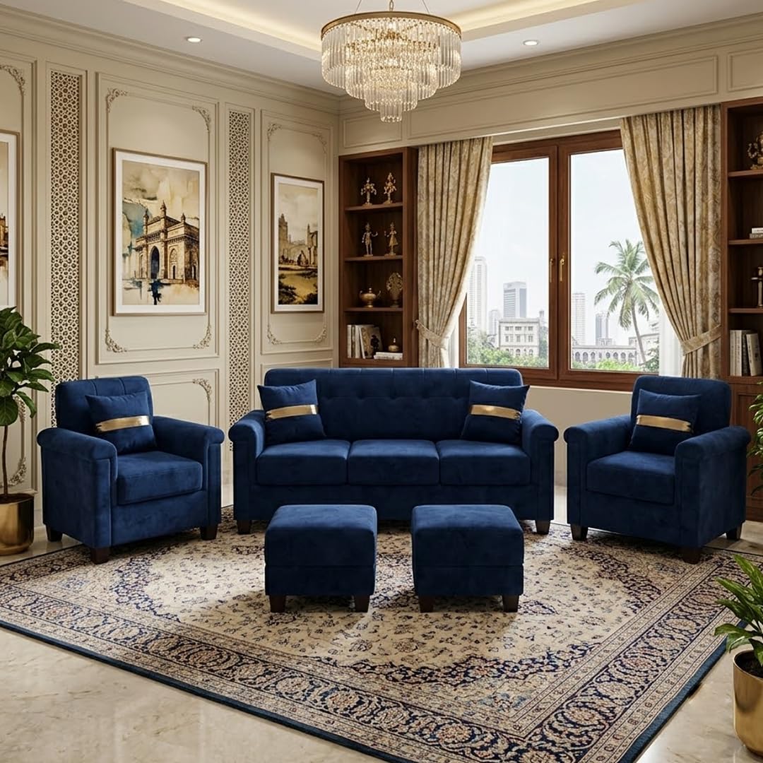 FURNY Woodswave 5 Seater 3+1+1+2 Puffy Sofa Set for Living Room in Premium Velvet Finish (Dark Blue) Durable & Comfortable Ideal for Living Rooms