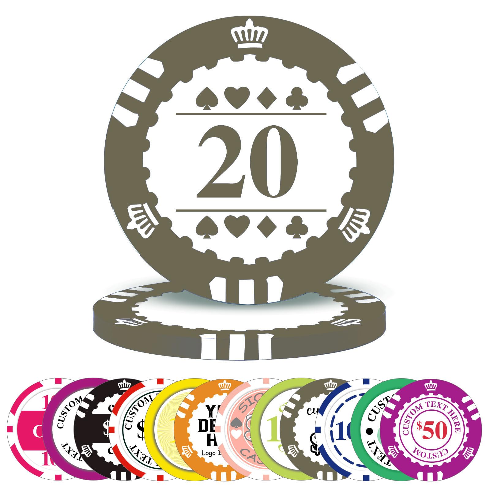 100-1000 Pcs Custom Plastic Poker Chips,Personalised Double Sided Full Color,Custom Your Logo Image Text, Design for Business Cards, Bar, Party,Corporate Events, Drink Token (Grey)