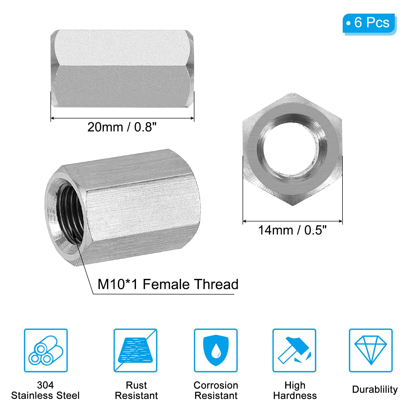 PATIKIL M10 x 1-Pitch 304 Stainless Steel Hex Coupling Nuts - Image 2