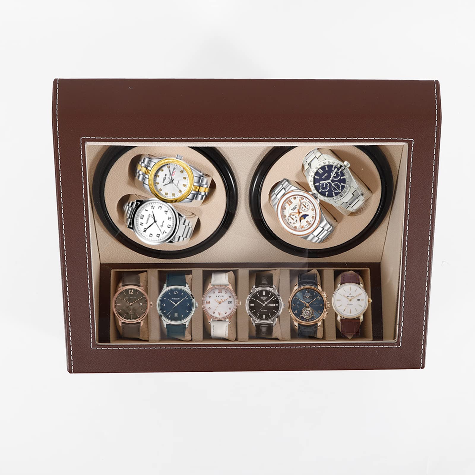 NOPTEG Automatic Watch Winder 4+6 Rotation Leather Storage Case Display Case Box Holder Organizer W/Pillow (Brown)