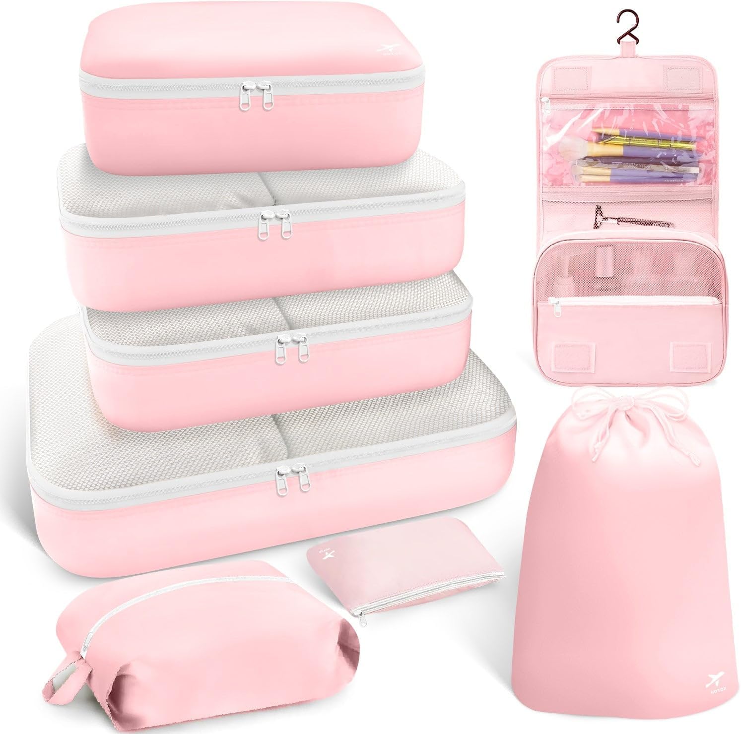 HOTOR Packing Cubes for Suitcases - 8 Pieces, Light Packing Cubes for Travel, Premium Suitcase Organizer Bags Set, Space-Saving Luggage Organizers, Travel Accessories and Essentials, Pink