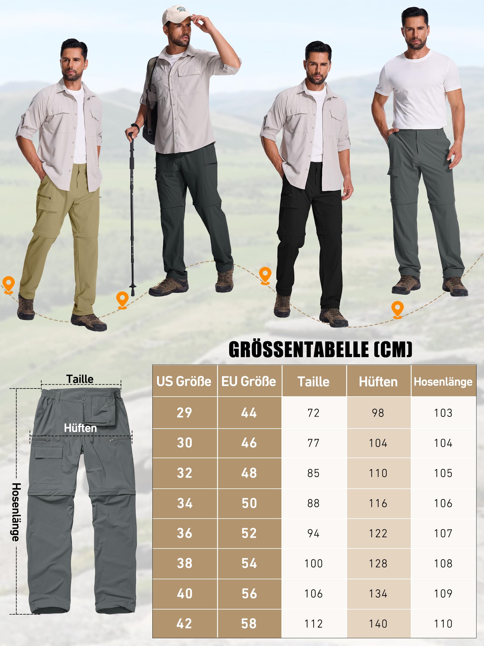 Pantaloni Uomo Convertibili, Pantaloni da Trekking Estivi Leggeri Traspiranti Asciugatura Rapida con Zip-off, Cargo 6 Tasche per Escursionismo, Ciclismo, Viaggio, Campeggio