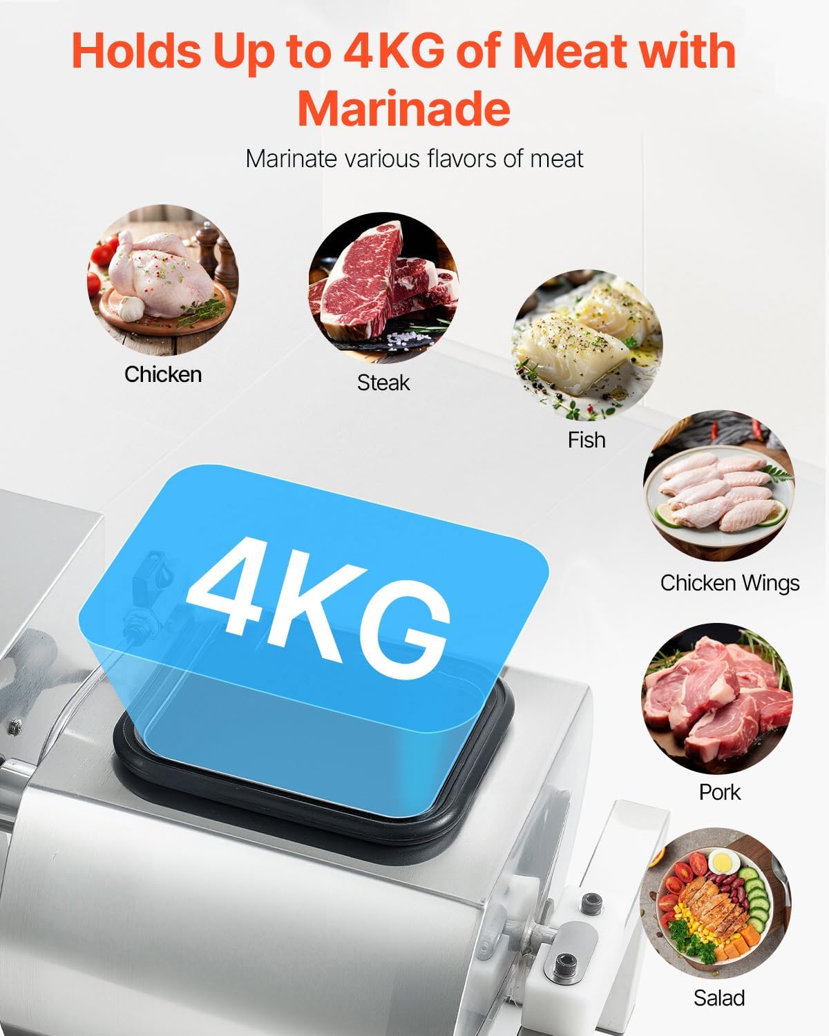 VEVOR Meat Tumbler Marinator, 10L Vacuum Tumbler Marinating Machine with Automatic Bidirectional Rotation, Stainless Steel Vacuum Curing Machine for Chicken Steak Pork, Home & Commercial Use 10L Silver