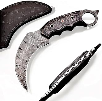 H & H BLADES Handmade Damascus Steel Karambit Knife,Curved Fixed Blade with Full Tang, Wood Handle & Leather Sheath | Outdoor, Camping & Knife Collection Gift