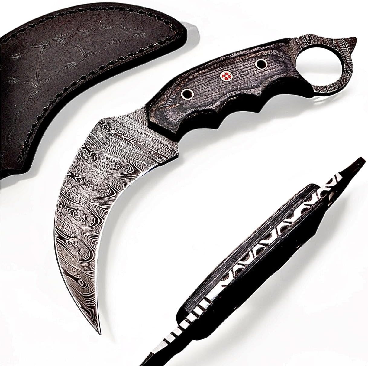 Handmade Damascus Steel Karambit Knife Full Tang Curved Fixed Blade with Wood Handle & Leather Sheath | Outdoor, Camping & Knife Collection Gift