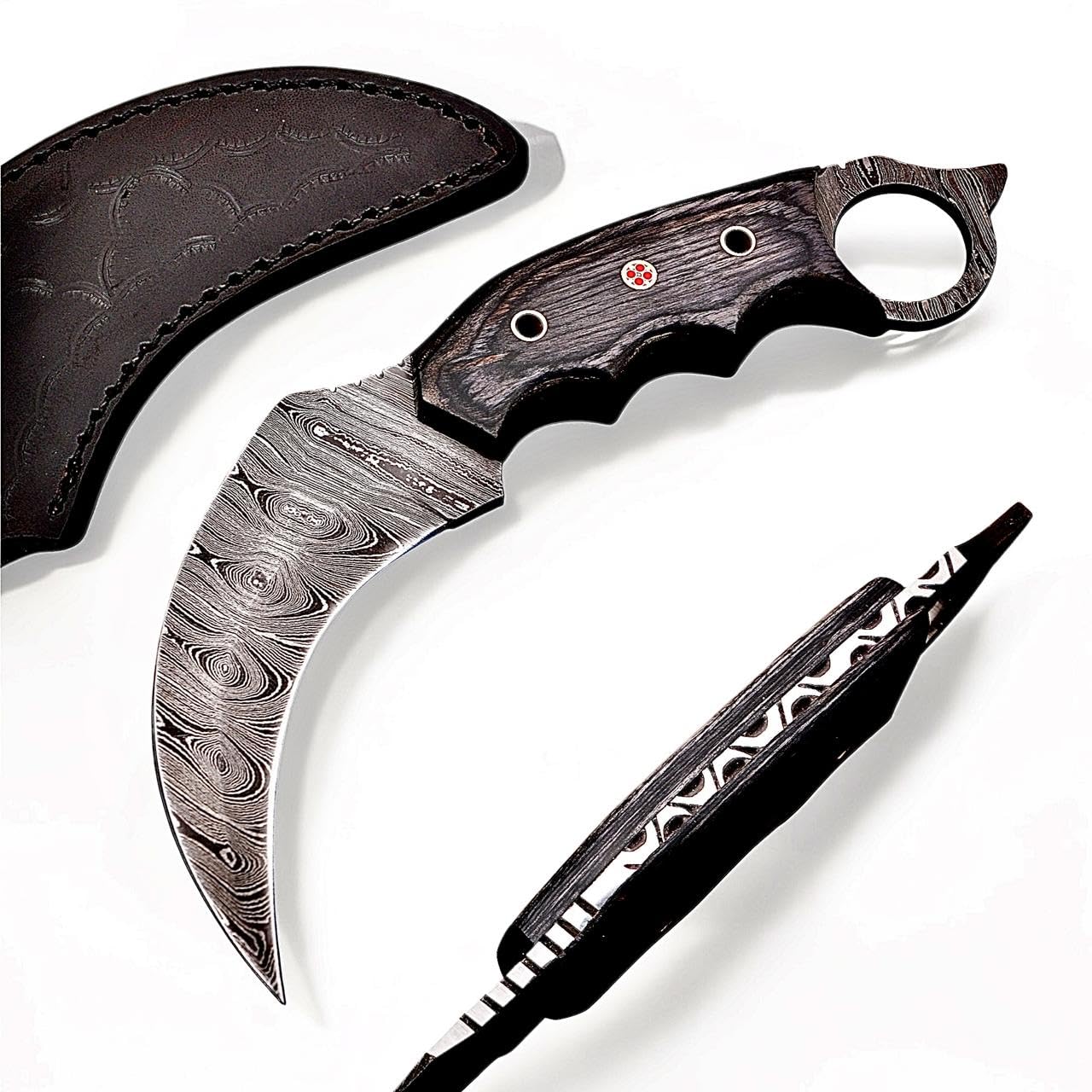 H & H BLADES Handmade Damascus Steel Karambit Knife,Curved Fixed Blade with Full Tang, Wood Handle & Leather Sheath | Outdoor, Camping & Knife Collection Gift