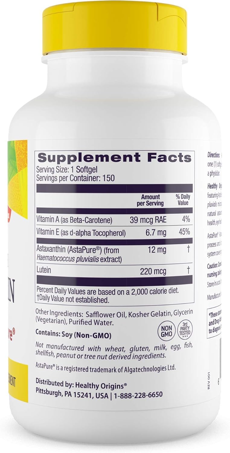 Healthy Origins Astaxanthin 12 mg (Natural, Astapure, Triple Strength, Non-GMO, Gluten Free, Eye Support, Joint Support, Immune Support), 150 Softgels - Image 2