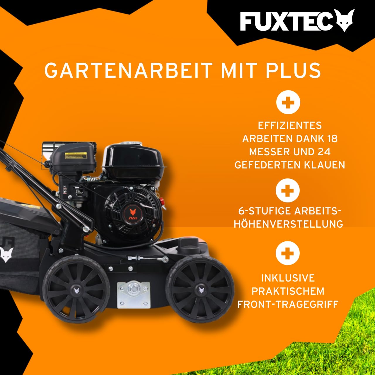 FUXTEC Vertikutierer 3in1 FX-BV240 4-Takt-Motor 4,1kW 18 Messer und 24 gefederte Krallen Front-Tragegriff und 45L Fangkorb