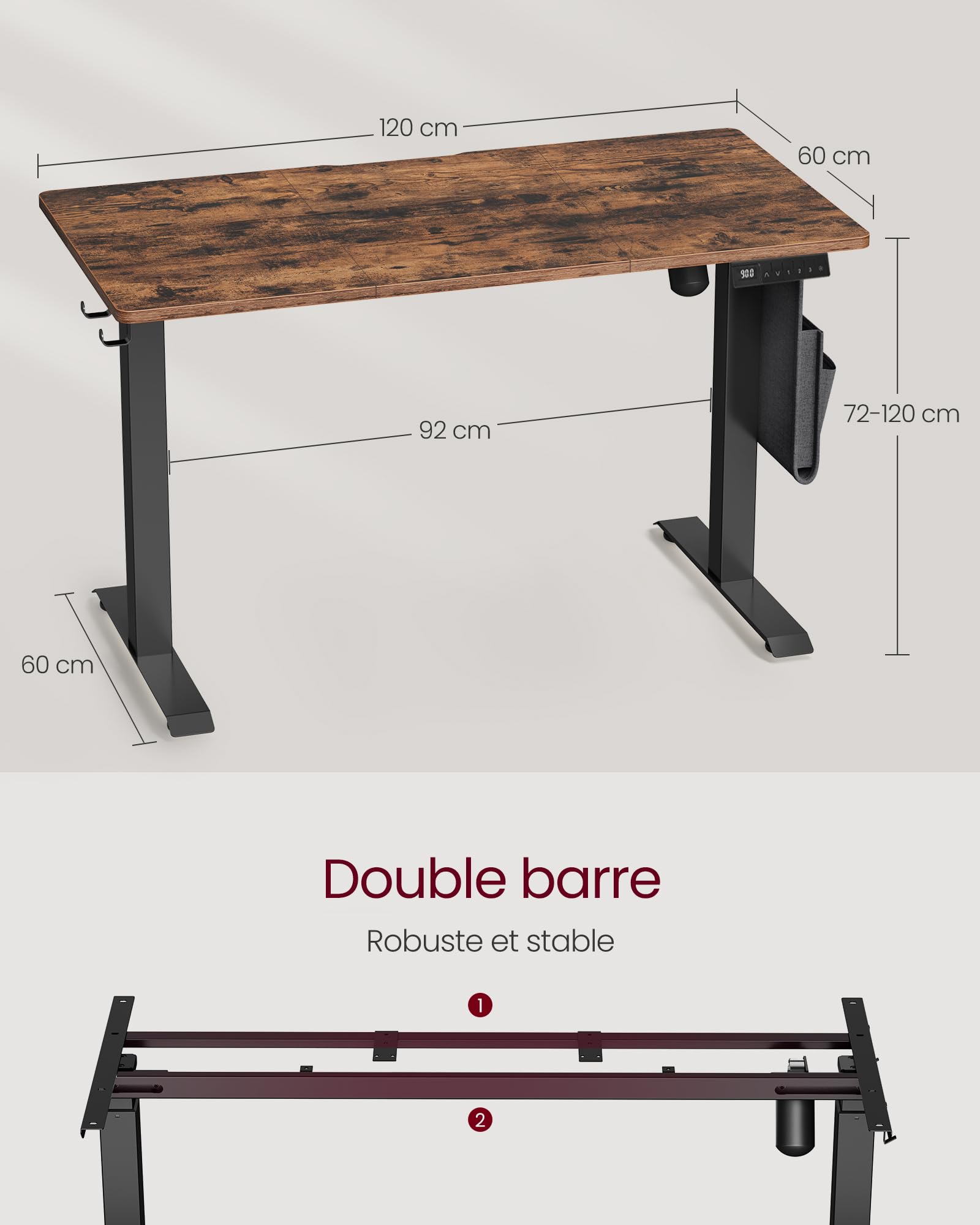 VASAGLE Bureau Assis-Debout, Bureau Électrique Réglable en Hauteur, 60 x 120 x (72-120) cm, Réglage en Continu, Fonction Mémoire 4 Hauteurs, Marron Rustique LSD172X01V01
