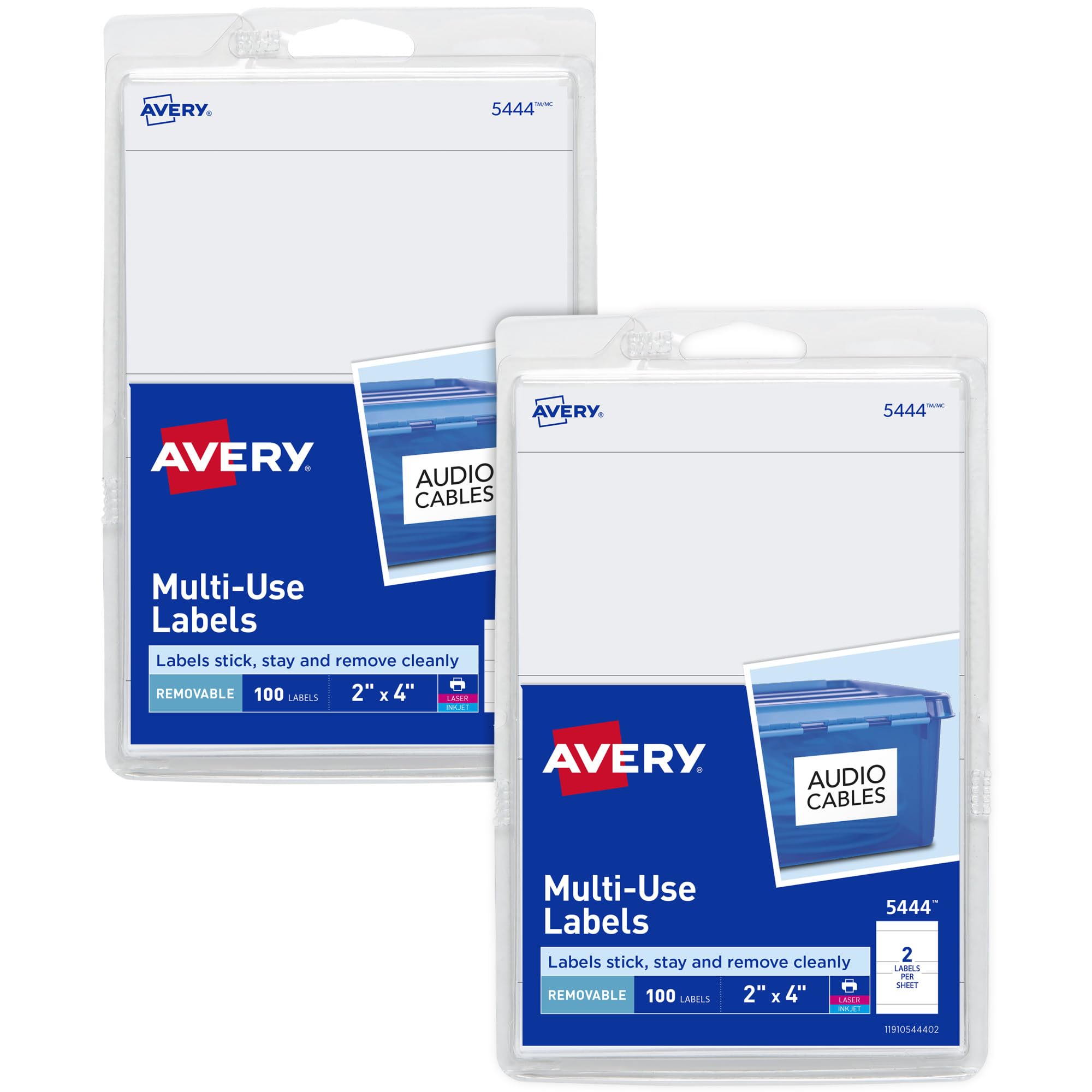 AVERYPrintable All-Purpose Removable Labels, 2" x 4", White Labels, Write or Print, Great for Organization Projects, 2 Packs, 200 Customizable Blank Labels Total (7827)