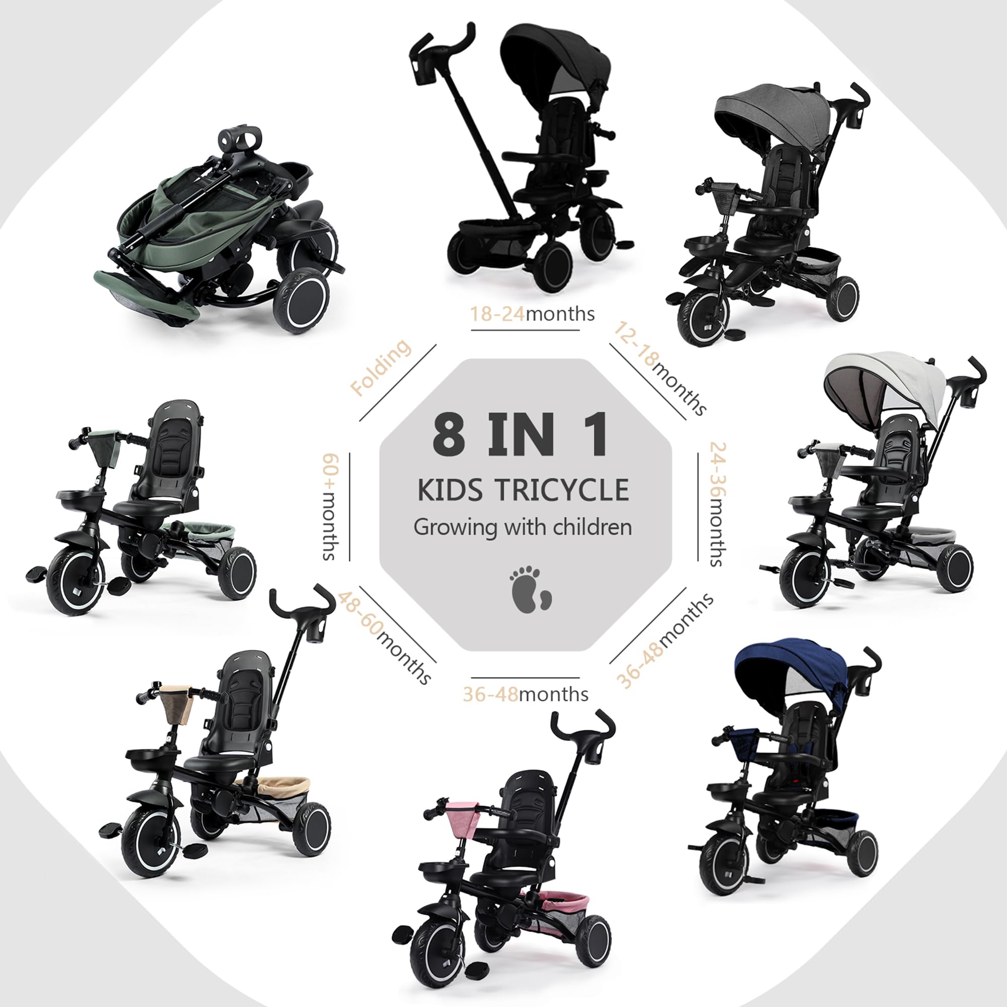 Amazon.com: Kinder King Kids Tricycle, 8 in 1 Folding Toddler
