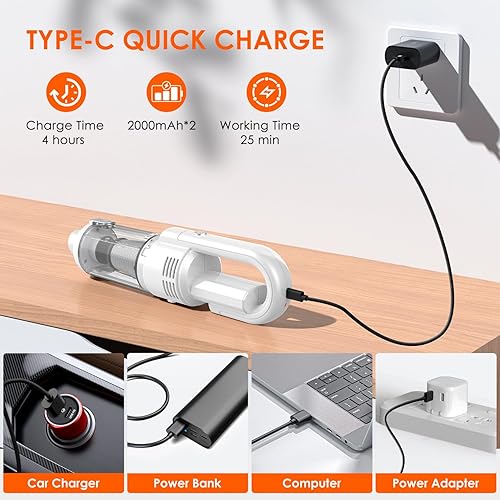 Miniatura 6 de Aspirador de mano inalámbrico para automóvil, 12000 PA, potente aspirador de mano con luz LED, mini aspiradora portátil de mano recargable para