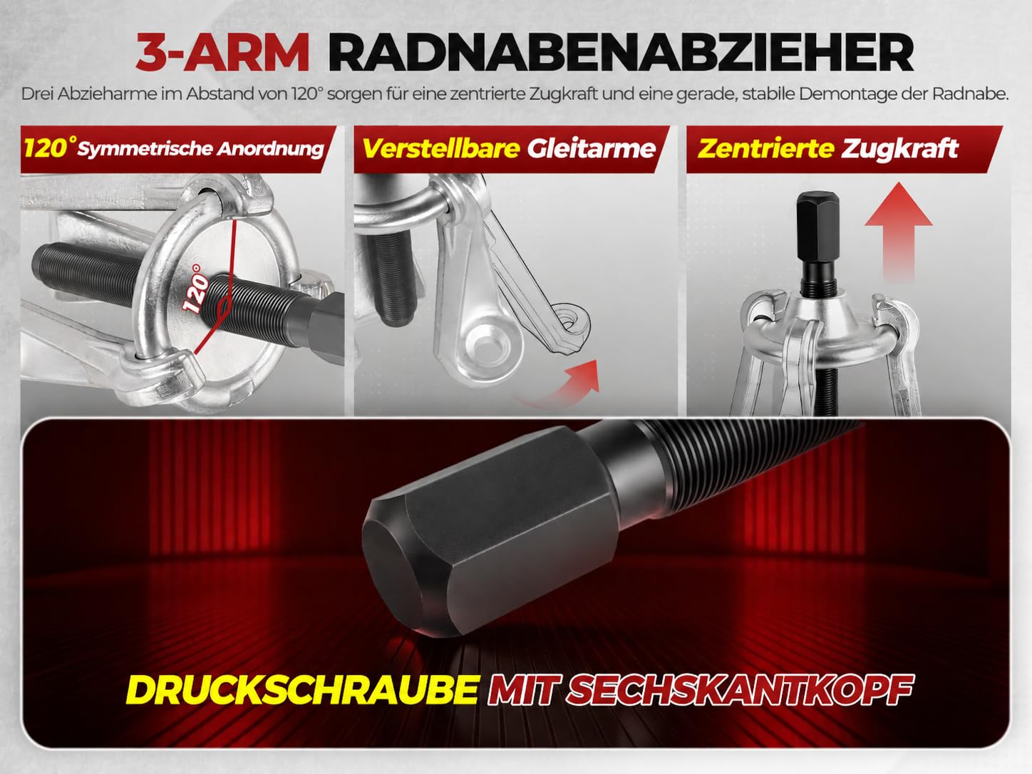 BILITOOLS Radnaben Bremstrommelabzieher, 3-armig Lochkreis bis 203 mm