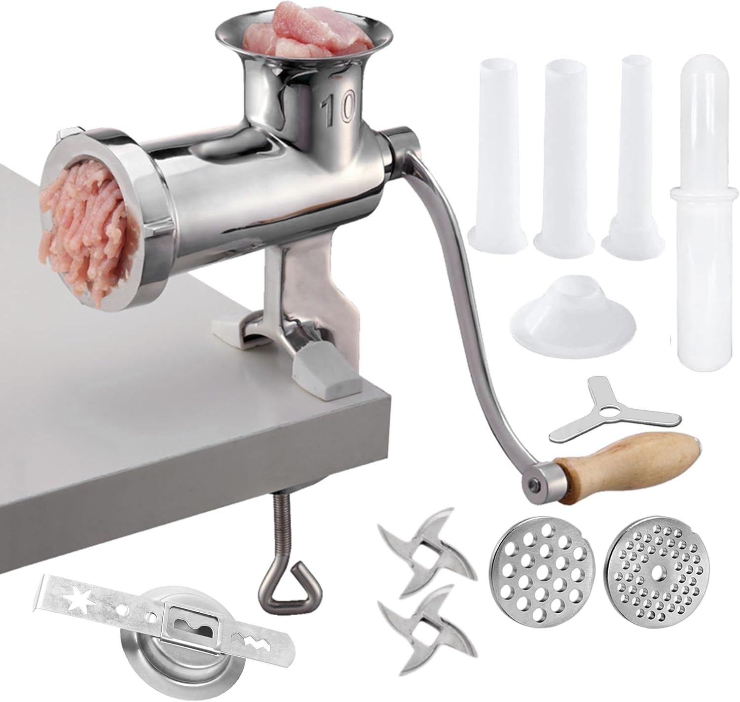 Heavy Duty Meat Grinder, 304 Stainless Steel Manual Meat Grinder for Home Use, #10 Clamp-on Hand Crank Food Grinder, 2x SUS 420 Blades, Sausage Stuffing Maker