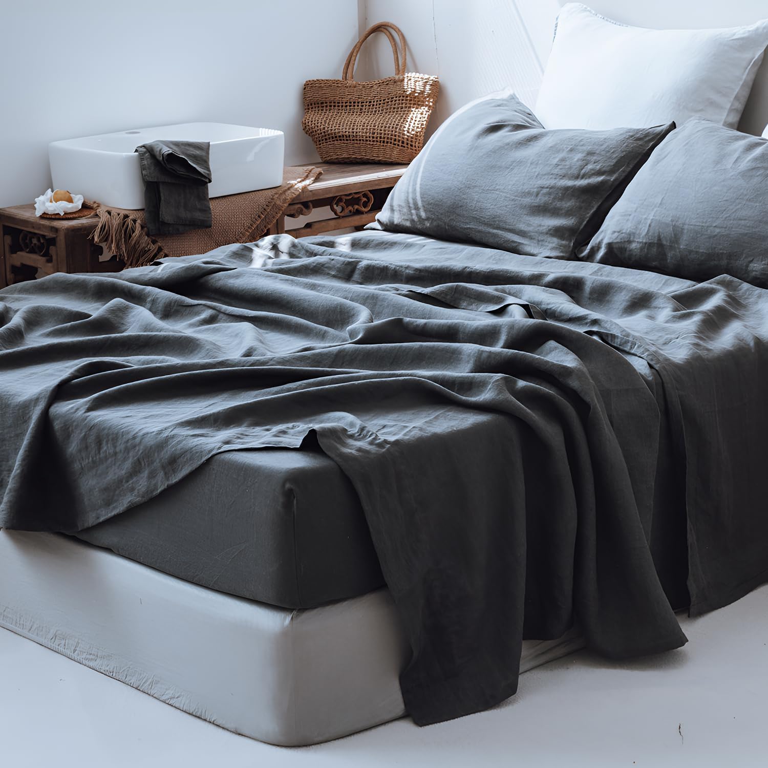 Simple&Opulence 100% Linen Sheets Twin Size Set, 3 Pcs Natural French Linen Bed Sheets, Breathable Soft Durable Bedding Set for All Season (Dark Grey,
