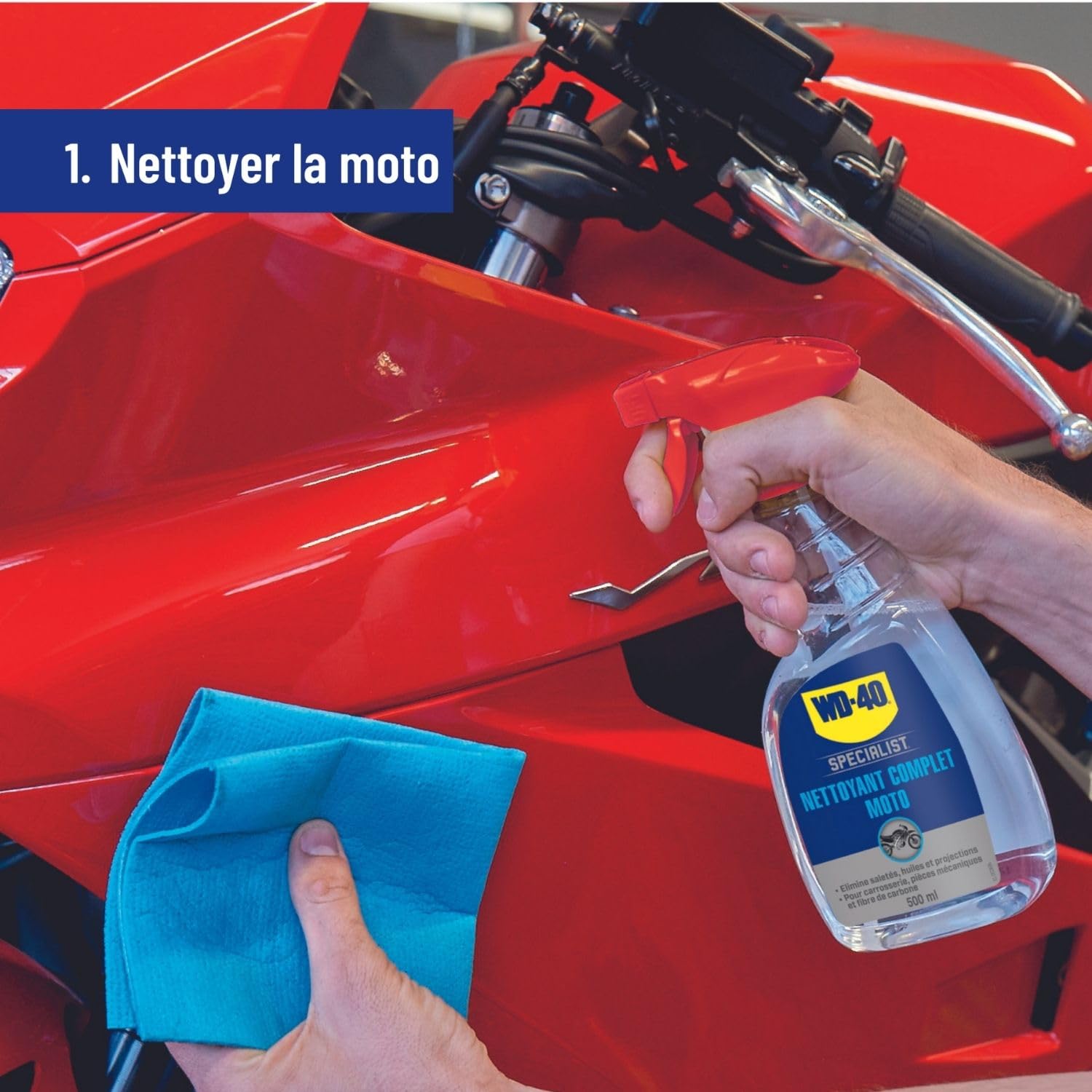WD-40 SPECIALIST Kit d'entretien Moto Complet - Pack de 5 produits + outils | Kit des essentiels de l'entretien moto - Nettoyer, lubrifier et faire briller la moto - Brosse et chiffon inclus