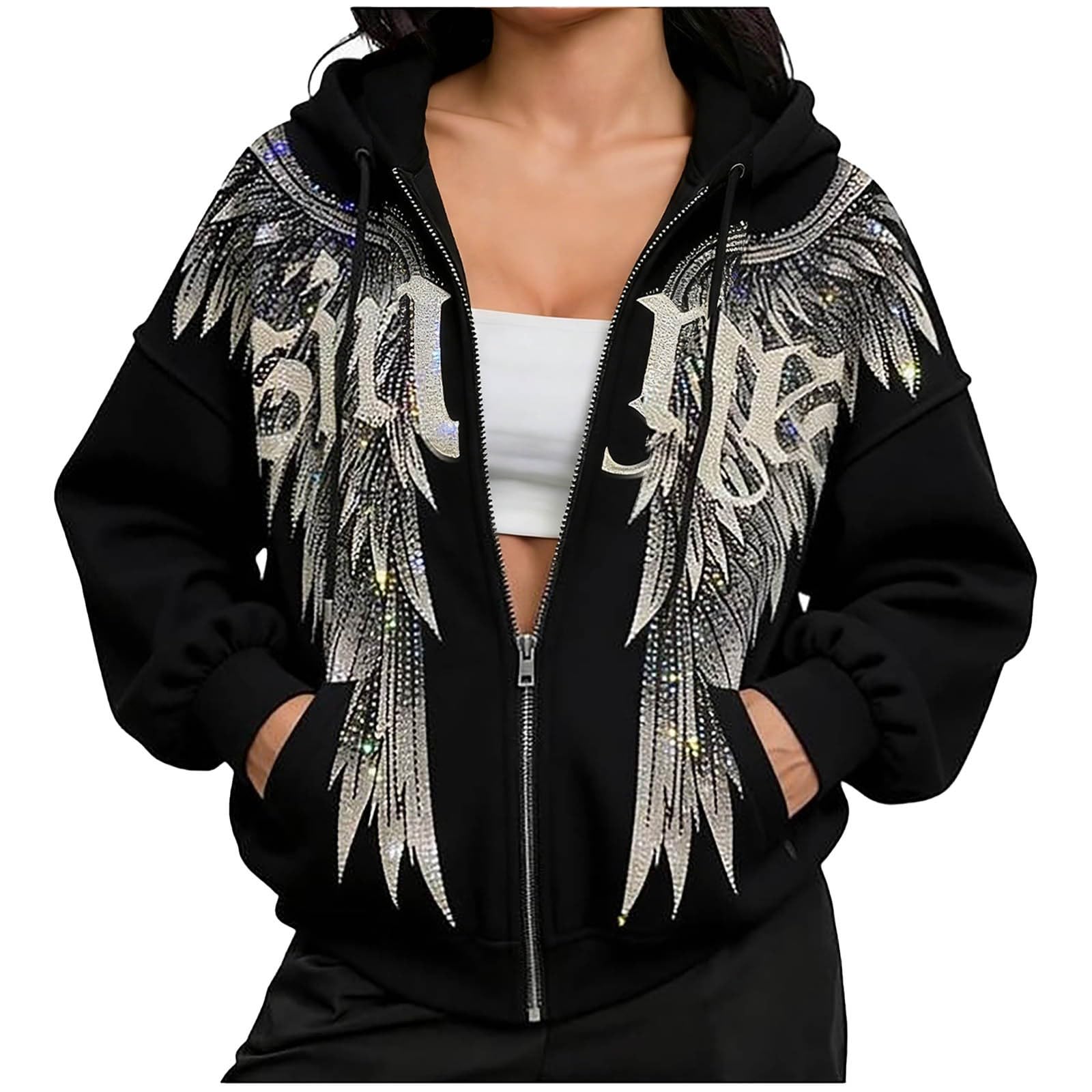Generisch Hoodie Oversize Damen Sweatjacke mit Kapuze Strass Kapuzenjacke Sweatshirt Langarm Taschen Locker bequem Weich Basic Freizeit Sport Streetwear Fashion Tops für Zuhause und Outdoor