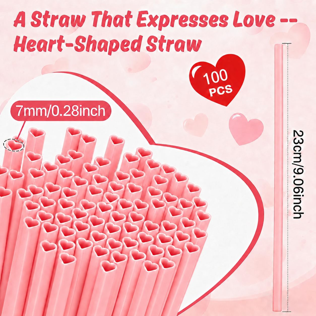 100PCS Individually Wrapped Heart Shaped Pink Straws, Disposable Cute Plastic Straws for 12 to 16 oz cups, Galentines Day, Cocktail, Birthday Party, Bridal Shower, Wedding Decorations