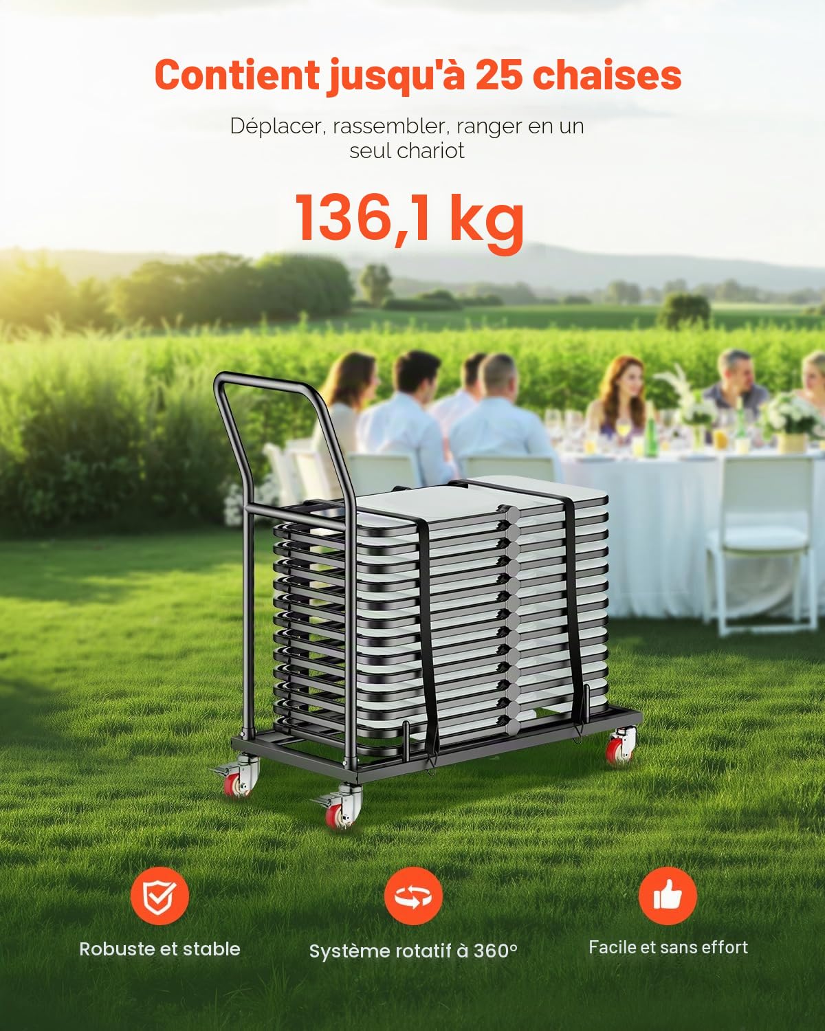 VEVOR Chariot de Chaise Pliante, Capacité de Charge 136 kg, Support en Métal Robuste pour 25 Chaises, Organiseur de Rangement Horizontal Forme en L avec roulettes 360°, pour Salle à Manger, Noir Mat