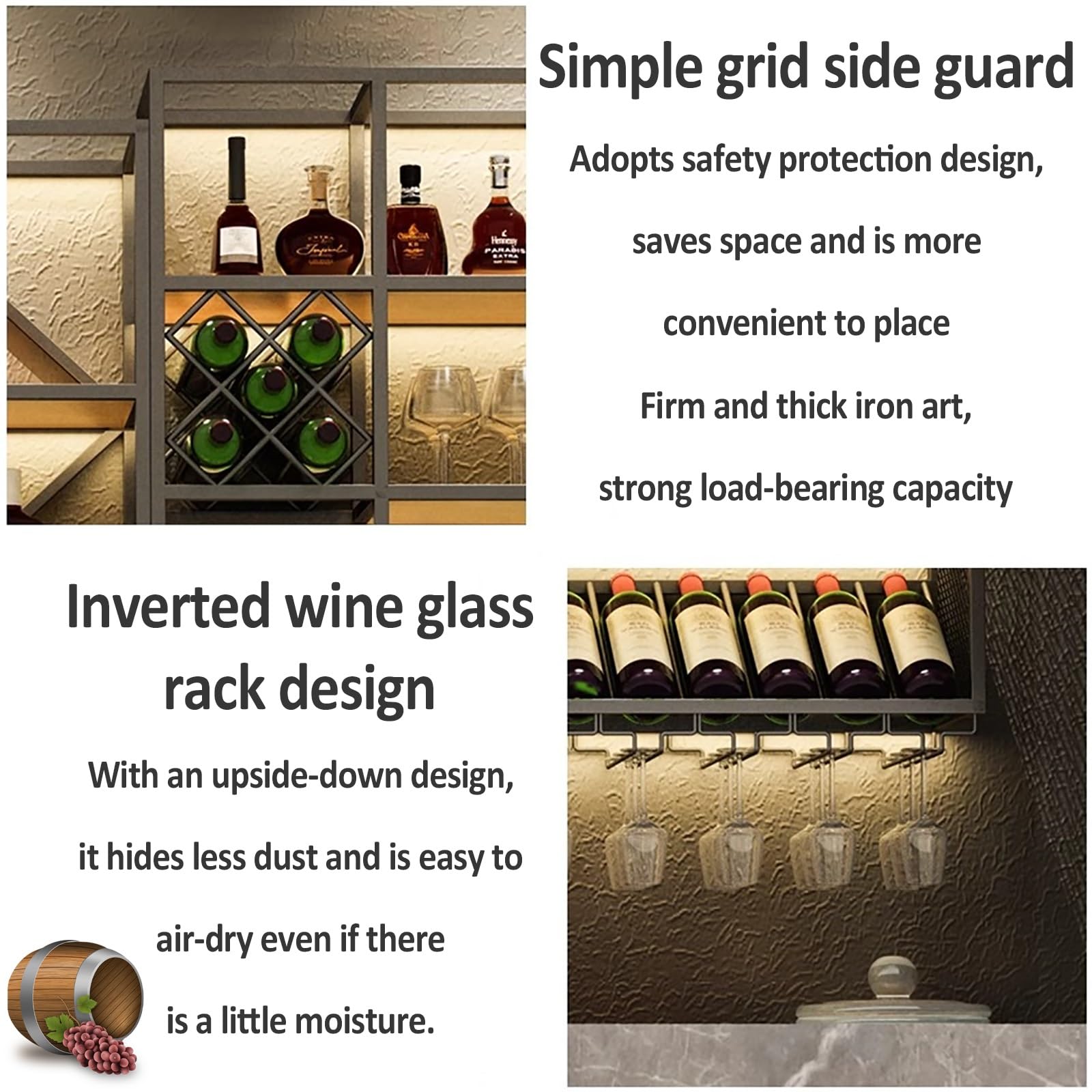 Botellero Pared para Botellas, Soporte para Botellas De MetalCon Luz LED, Estante De Vino Montado En La Pared para Botellas, Enfriador De Vino Montado En La Pared(Black,240 * 25 * 120CM)