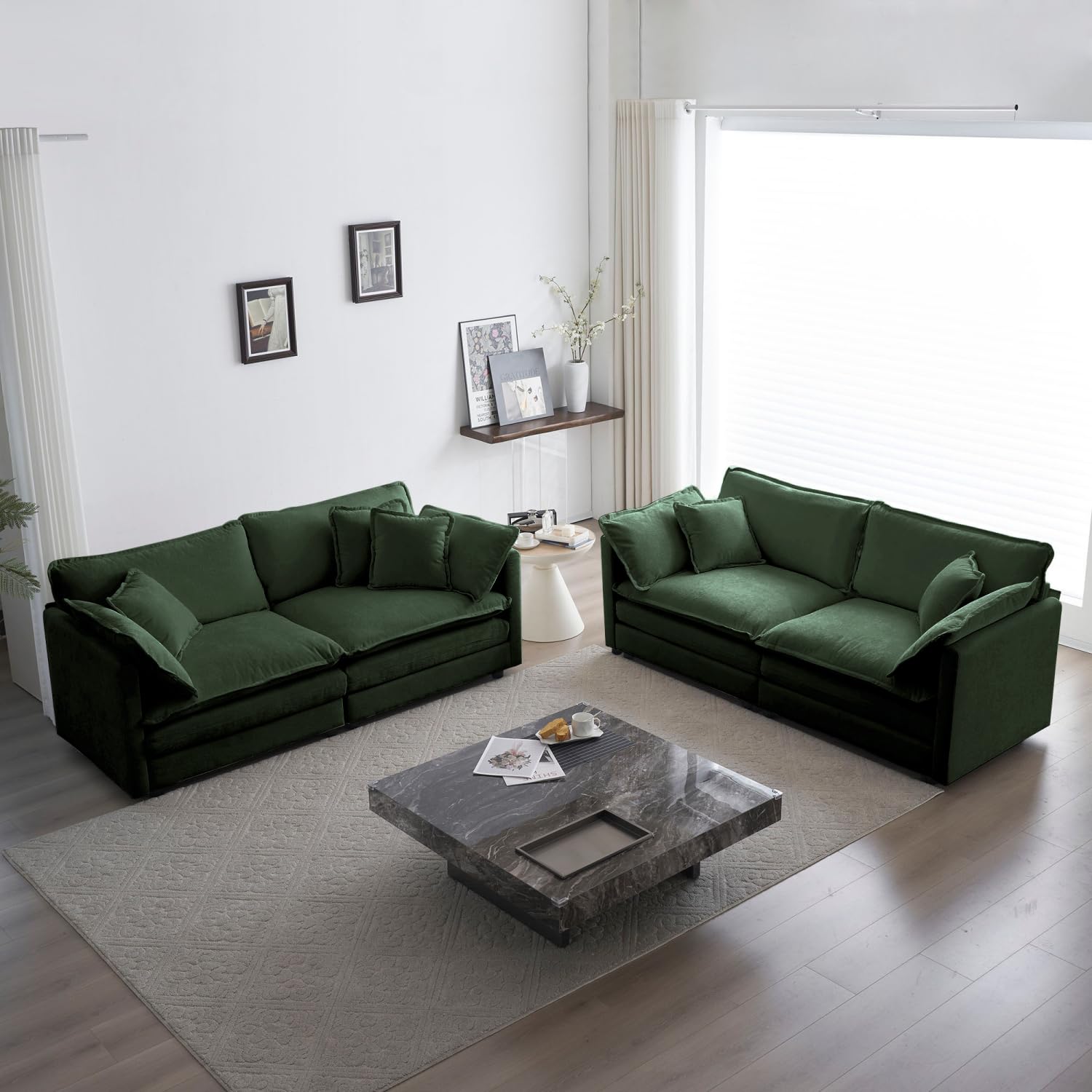 2-Piece Living Room Set Green Chenille Sturdy Solid Wood Frame Room, Bedroom, Home Office Comfort