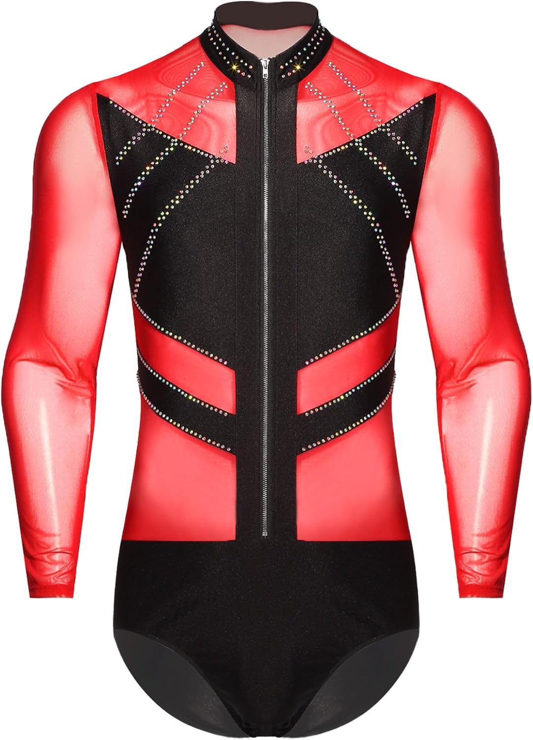 Men Latin Ballroom Leotard Figure Skating Bodysuit Gymnastics Unitard Sheer Mesh Long Sleeve Dancewear