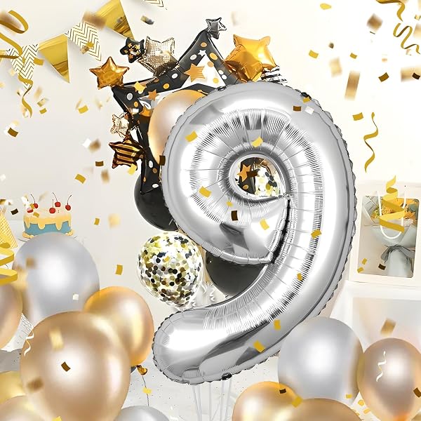 Ballon Chiffre 9 Ans - 101 CM Argenté - Décoration Anniversaire Helium - 3