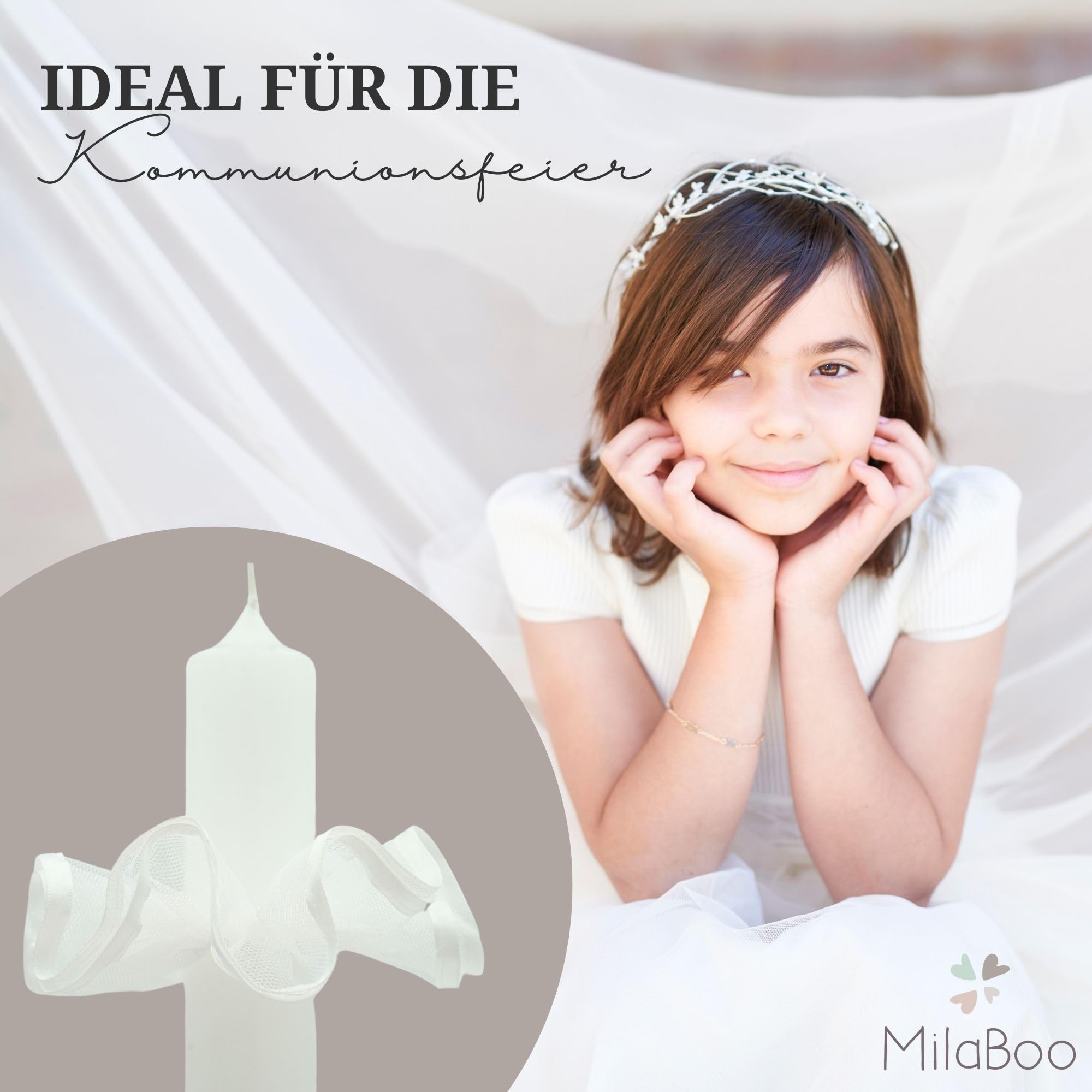 2 Candele Per Comunione, Antigoccia, Con Ghirlanda Di Organza E Pesce