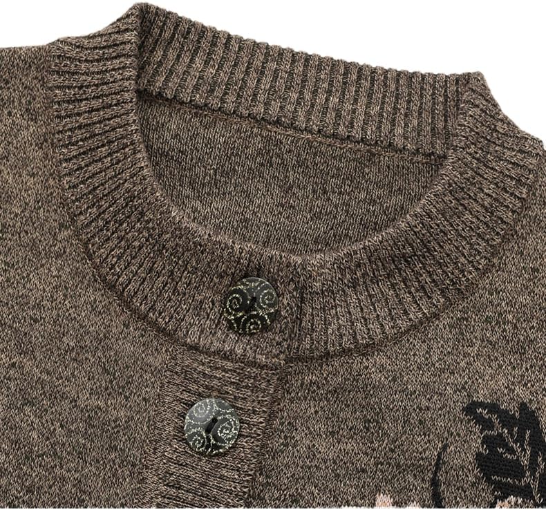 Women's Floral Print Crewneck Button Down Cardigan Sweater Vintage Knit Coat Outerwear with Pockets