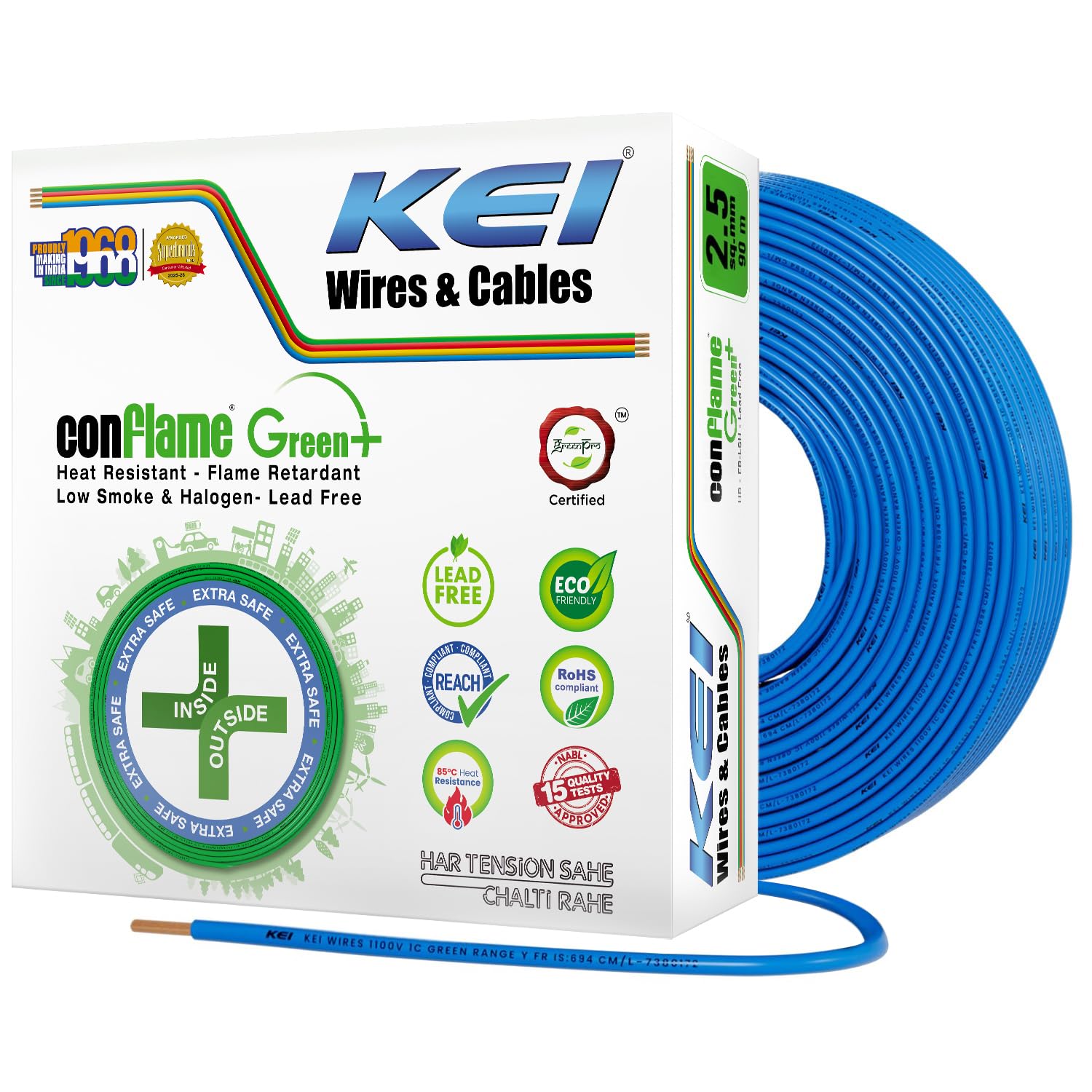 KEI CONFLAME GREEN PLUS 2.5 sqmm 1 Core Copper Heat Resistant Flame Retardant Low Smoke & Halogen - Lead Free House Wire for Domestic & Industrial Electrical Wiring (Blue, 90 Meters)-image-16